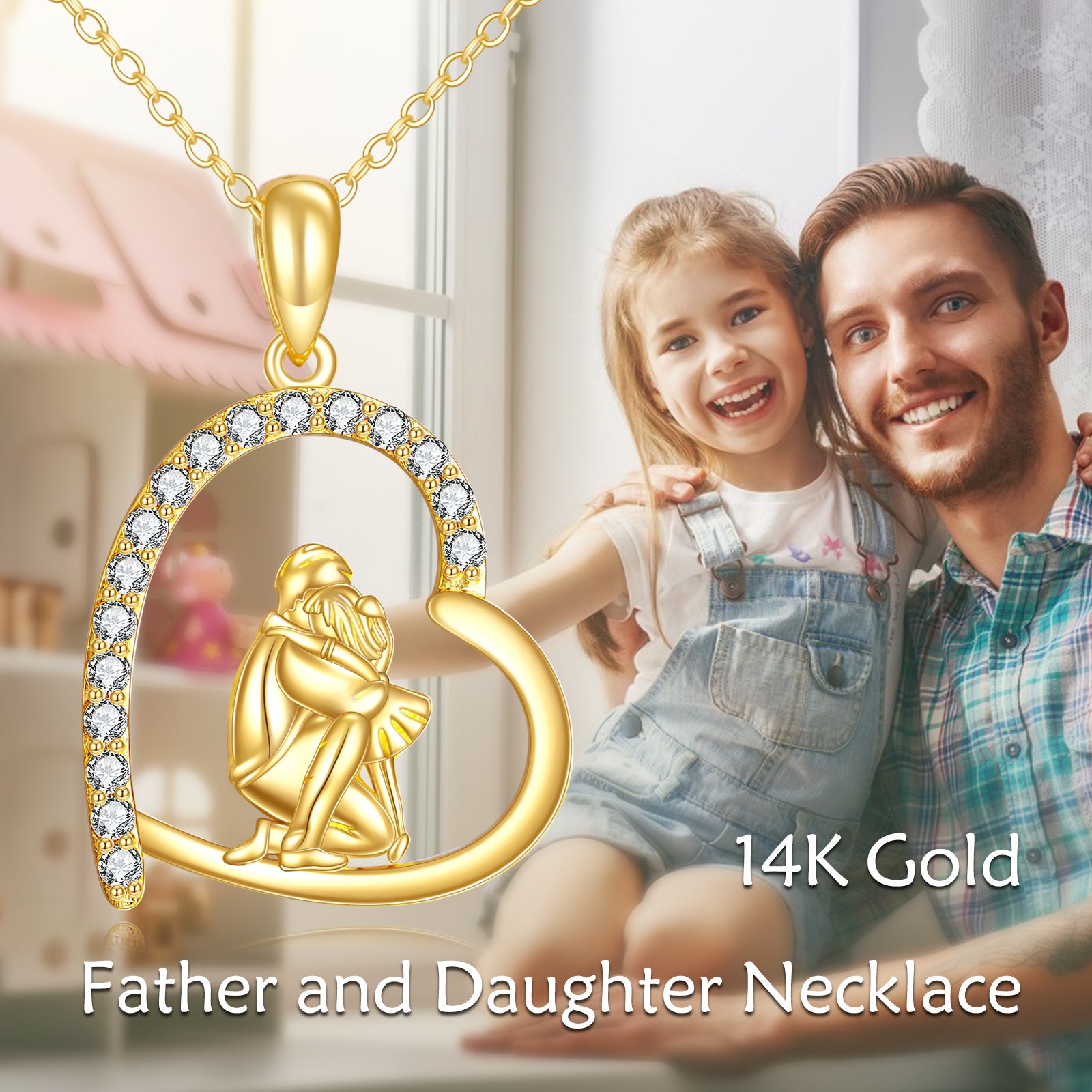 14K Gold Cubic Zirconia Father & Daughter Heart Pendant Necklace