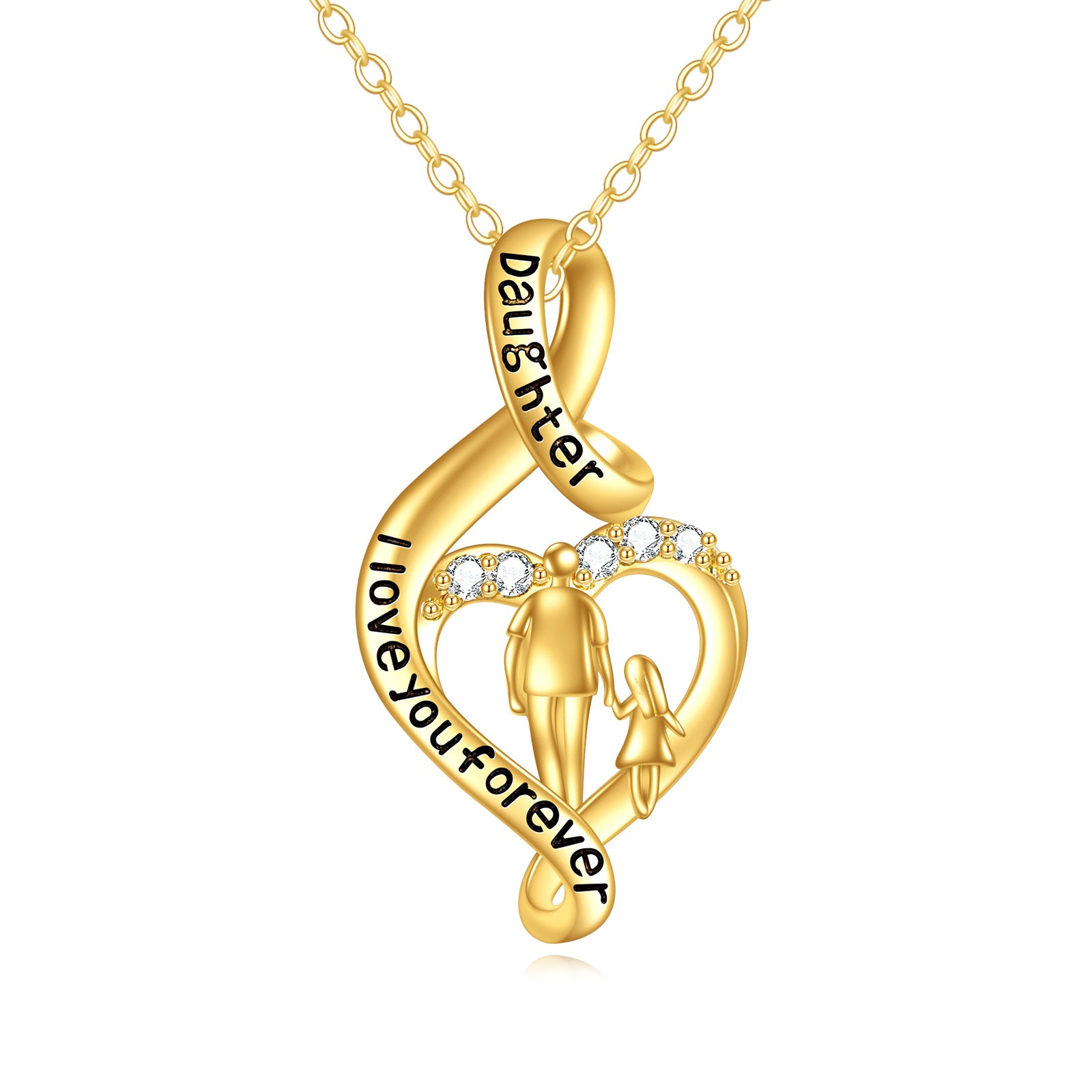 14K Gold Cubic Zirconia Father & Daughter Pendant Necklace with Engraved Word