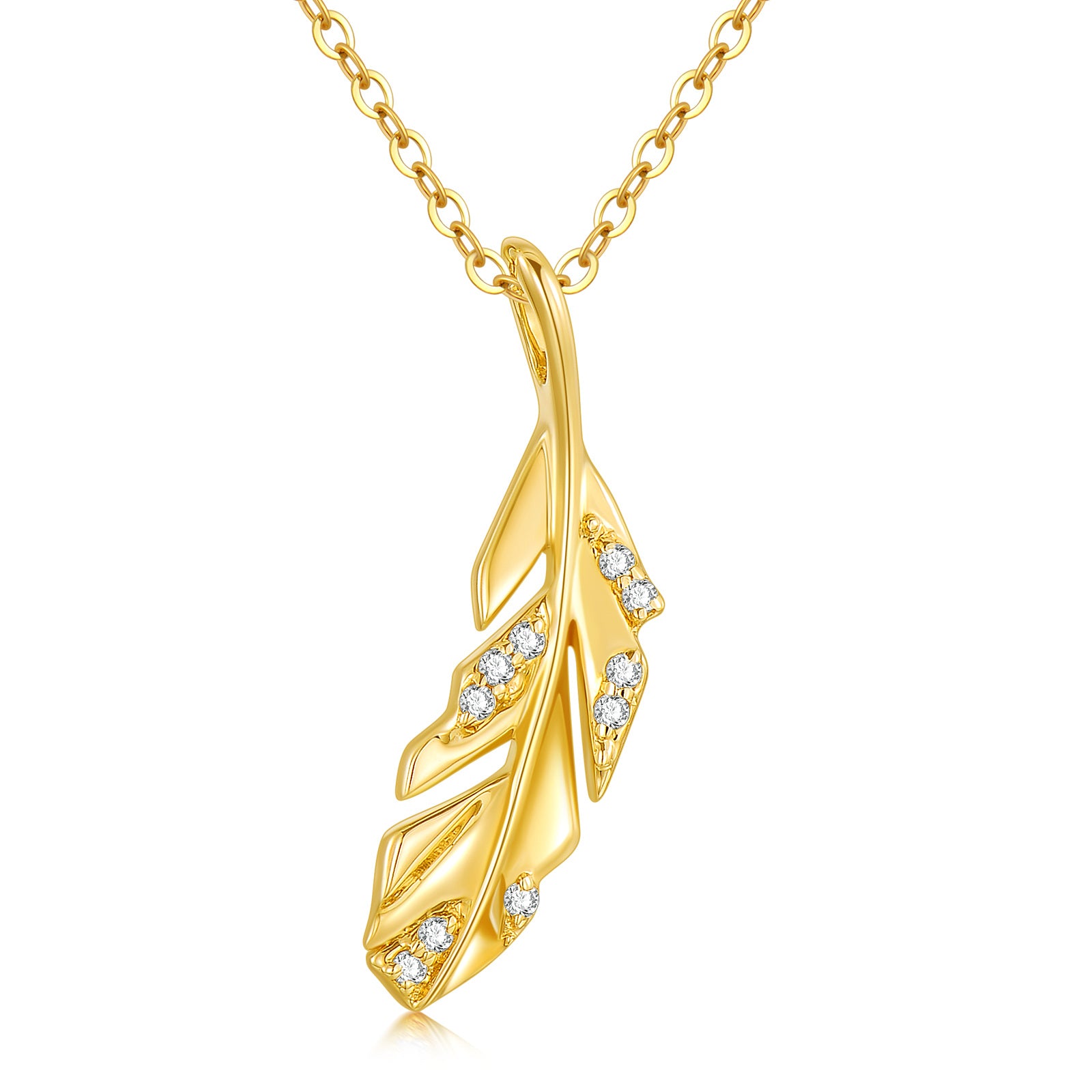 14K Gold Cubic Zirconia Feather Pendant Necklace