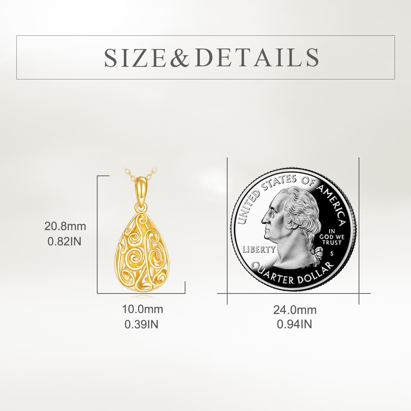 14K Gold Filigree Drop Shape Pendant Necklace