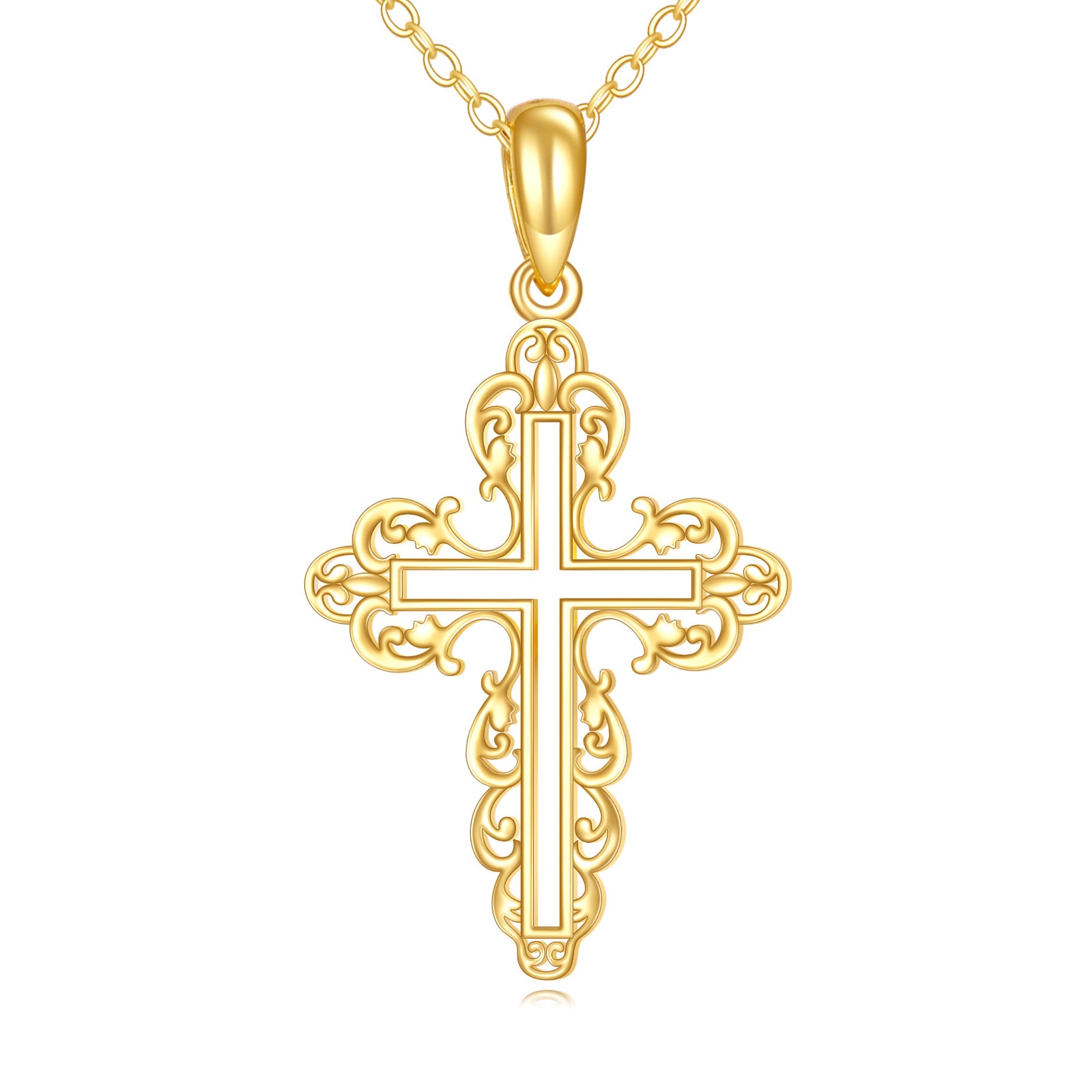 14K Gold Filigree Openwork Cross Pendant Necklace