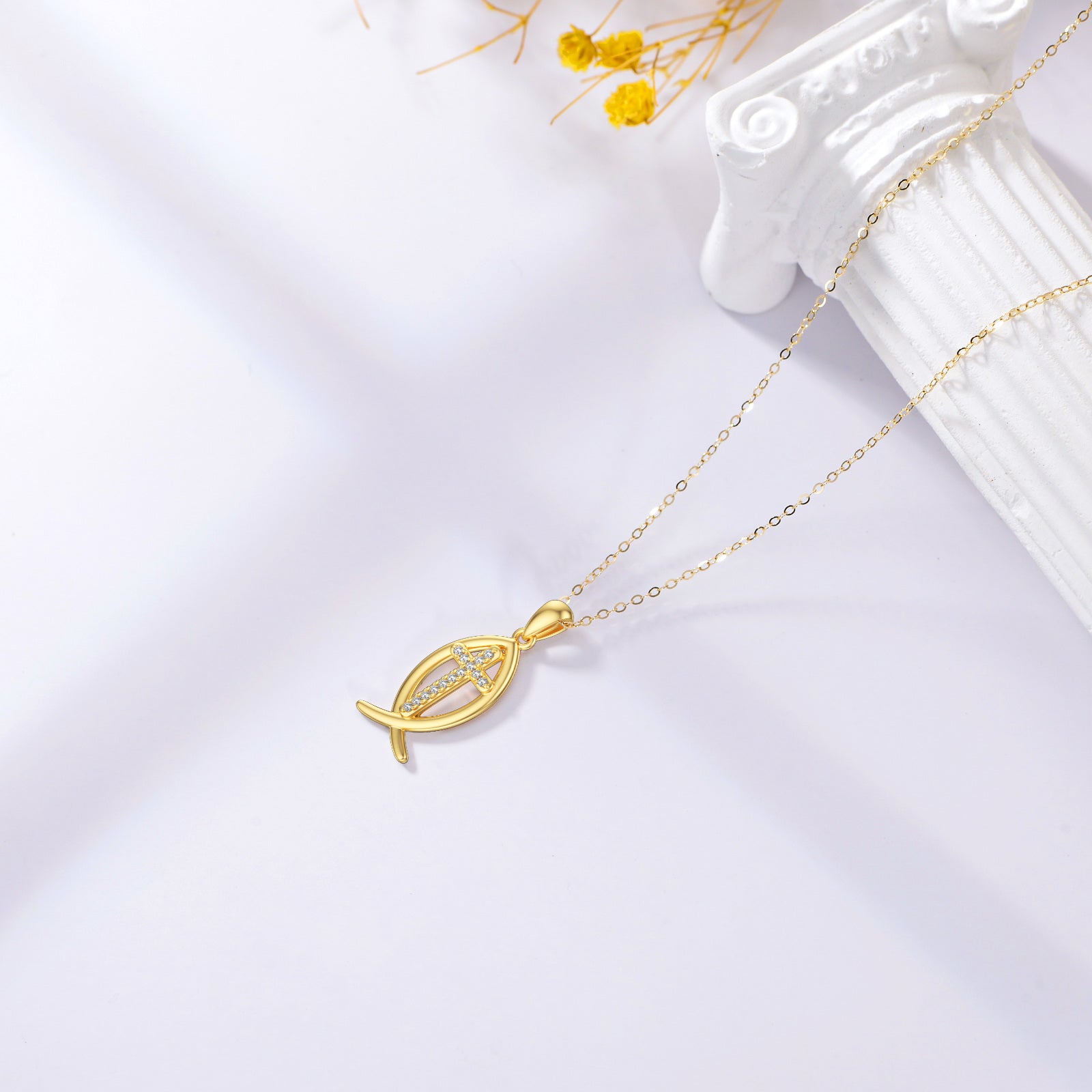 14K Gold Cubic Zirconia Fish & Cross Pendant Necklace