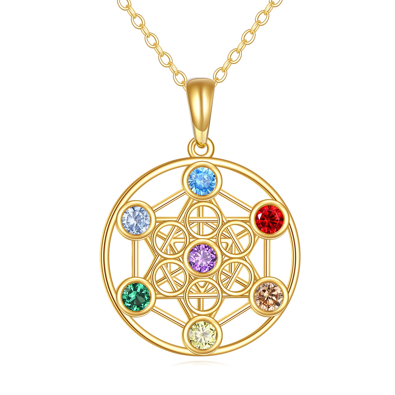 14K Gold Cubic Zirconia Flower Of Life & Chakras Pendant Necklace