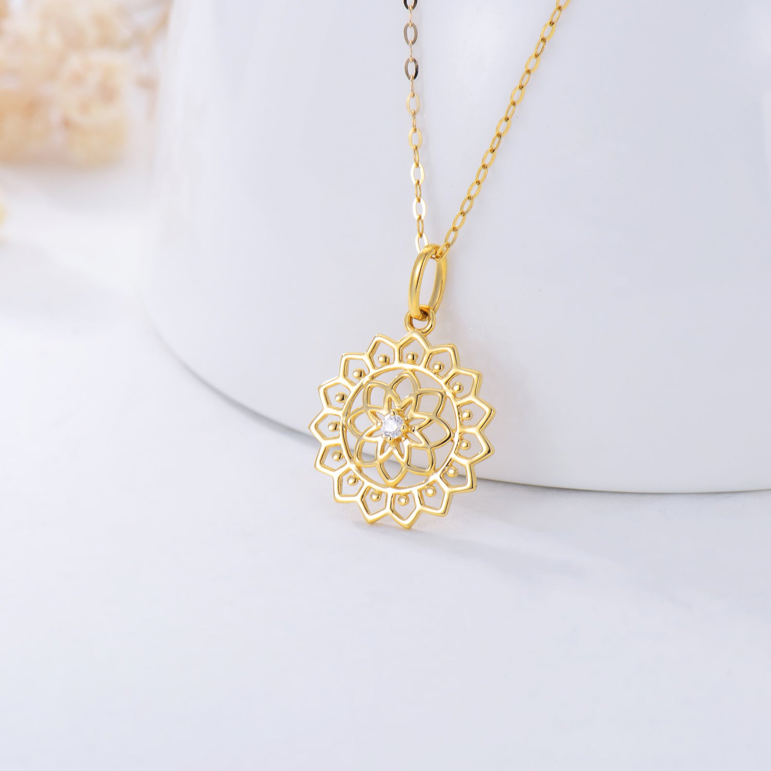 14K Gold Cubic Zirconia Flower Of Life Pendant Necklace