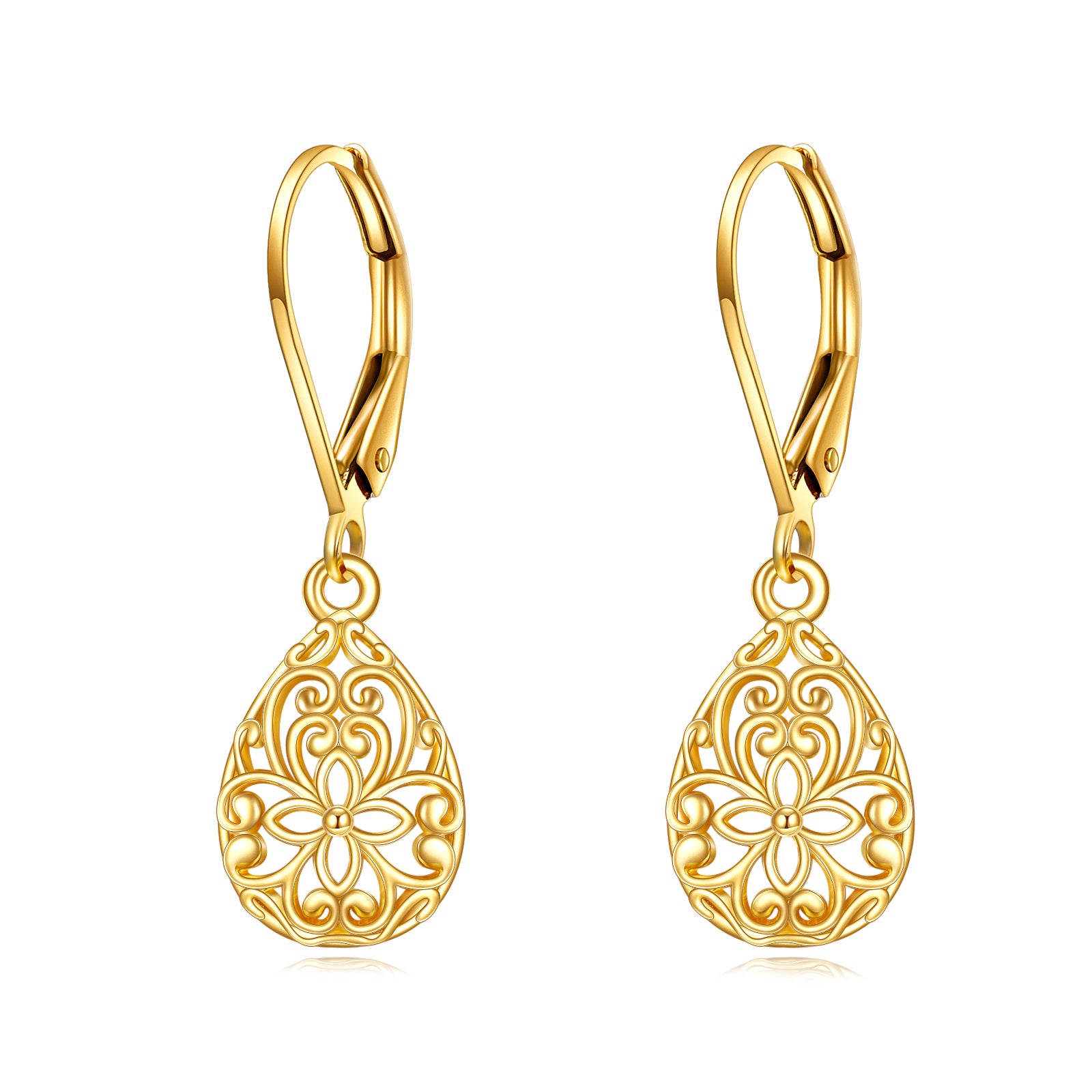 14K Gold Flowers Drop Lever-back Earrings for Women