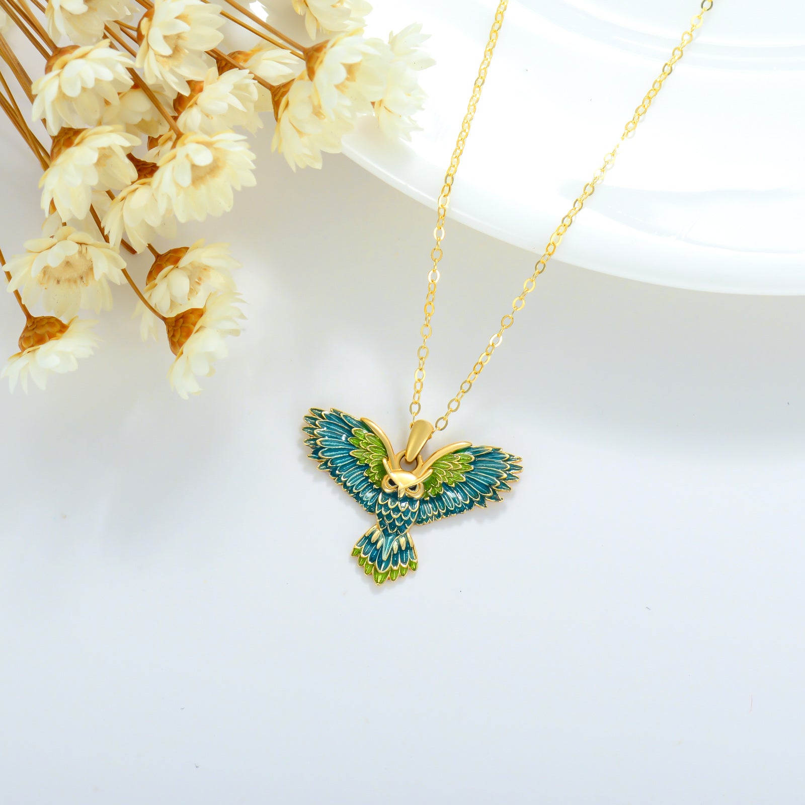 14K Gold Flying Owl Pendant Necklace