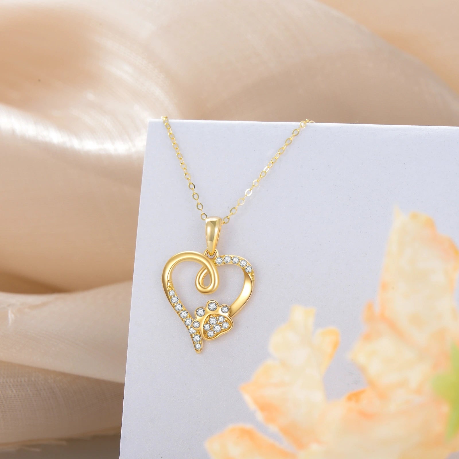 14K Gold Cubic Zirconia Footprints & Heart Pendant Necklace