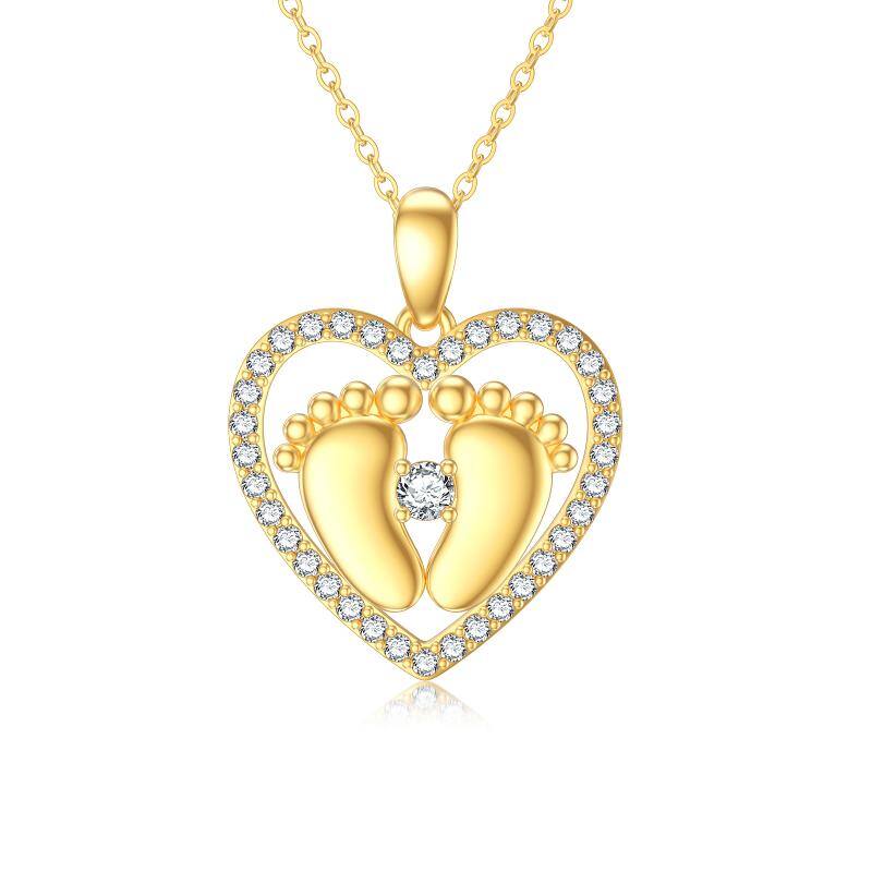 14K Gold Cubic Zirconia Footprints & Heart Pendant Necklace