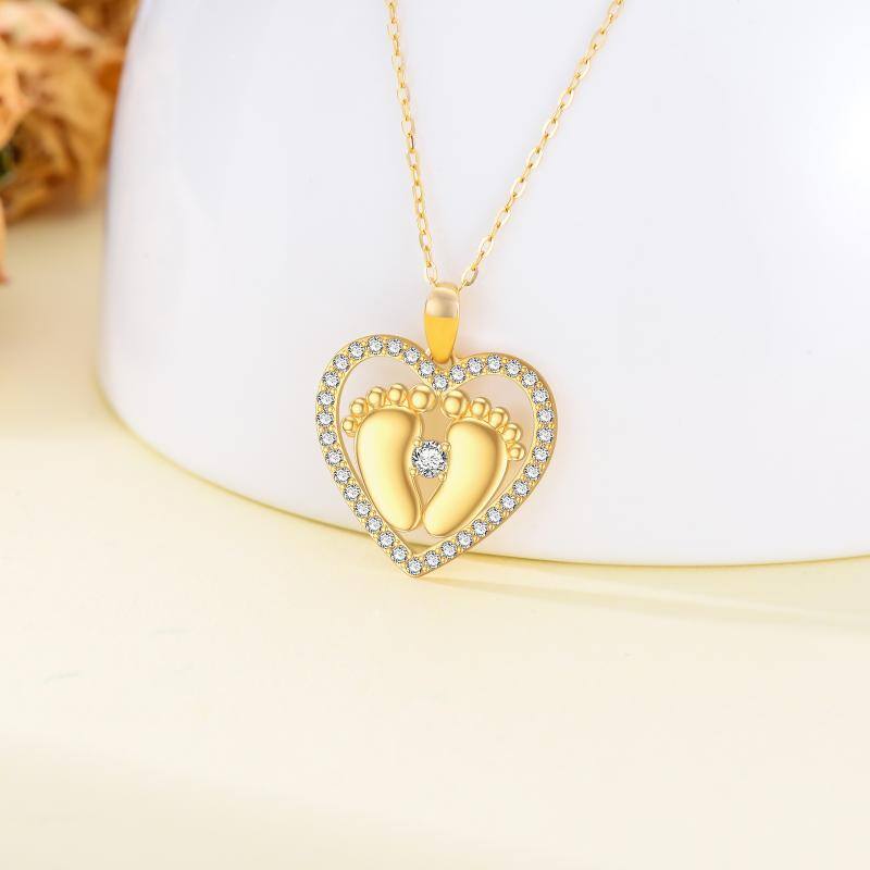 14K Gold Cubic Zirconia Footprints & Heart Pendant Necklace