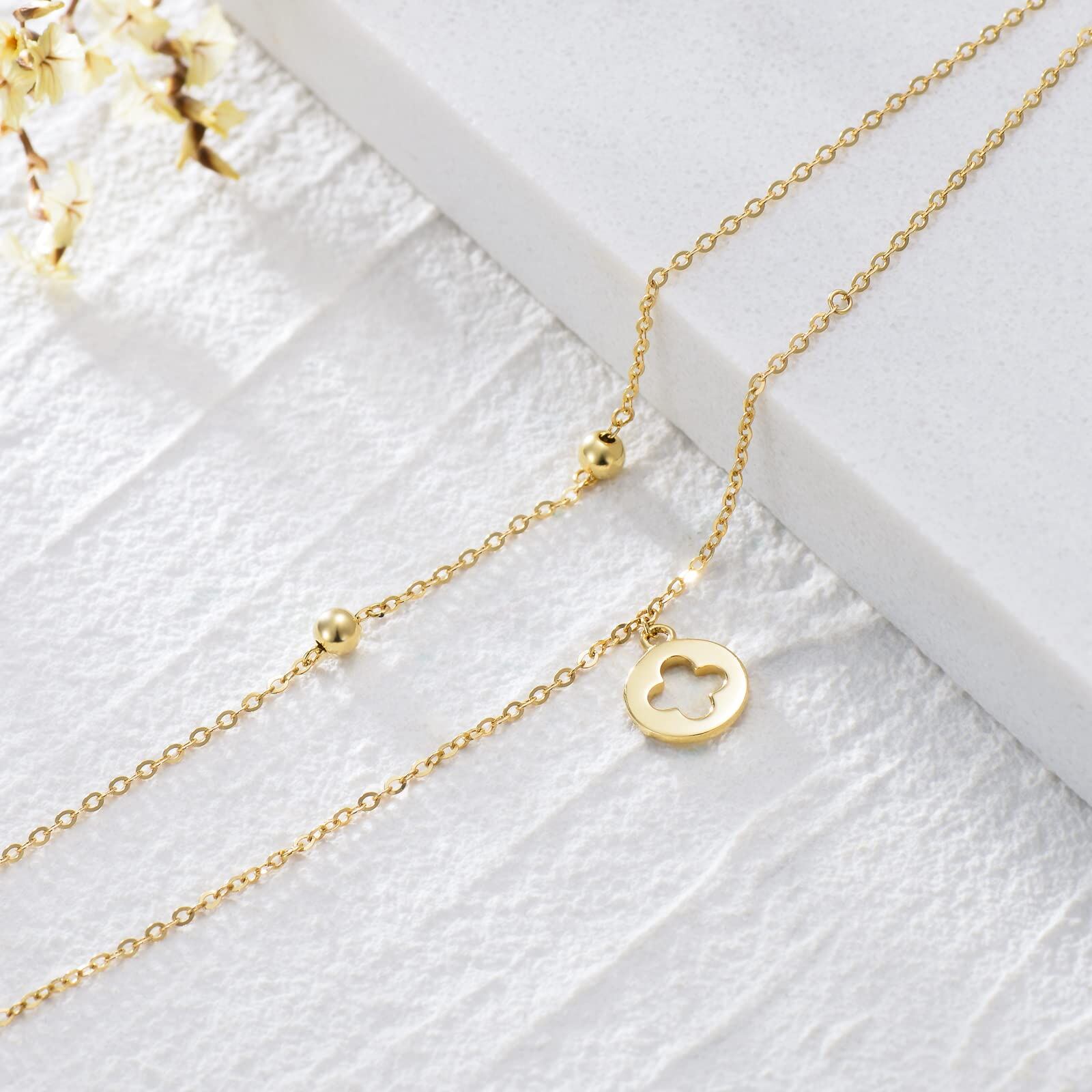 14K Solid Gold Four Leaf Clover Cross Layered Charm Bracelet Anklet