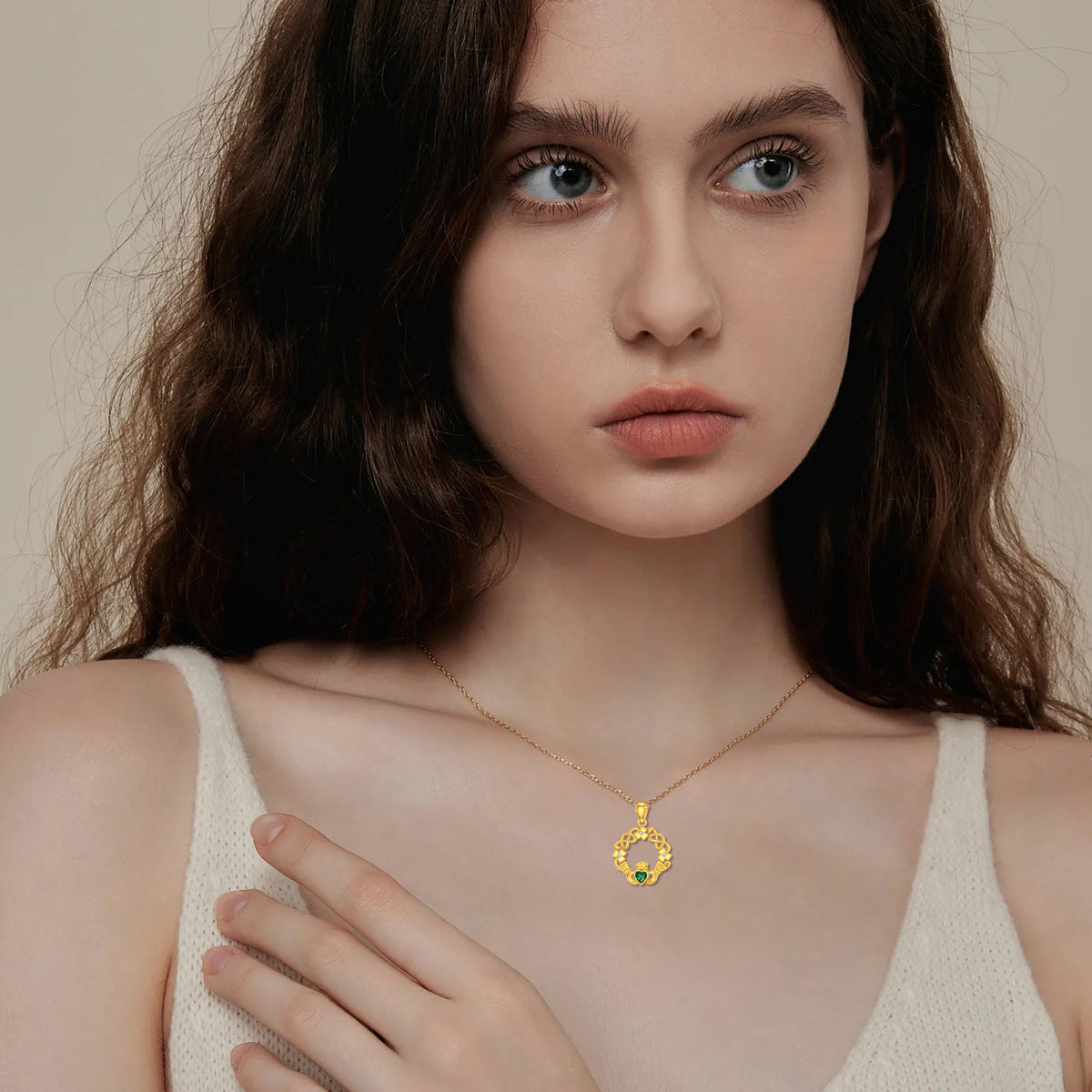 14K Gold Cubic Zirconia Four Leaf Clover & Claddagh Pendant Necklace