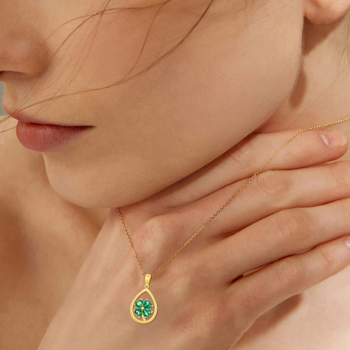 14K Gold Cubic Zirconia Four Leaf Clover & Drop Shape Pendant Necklace