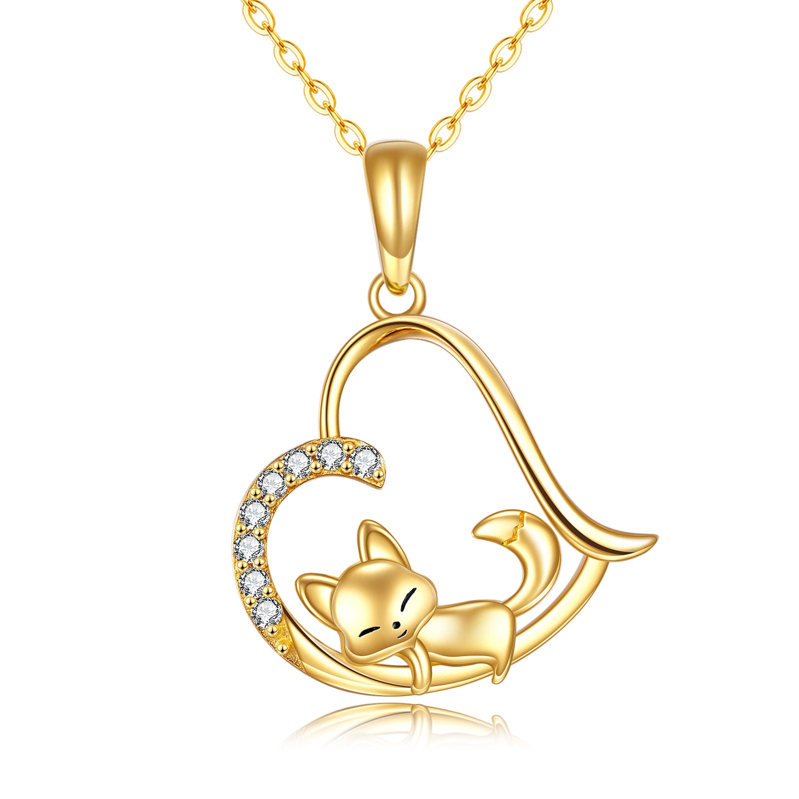 14K Gold Cubic Zirconia Fox & Heart Pendant Necklace