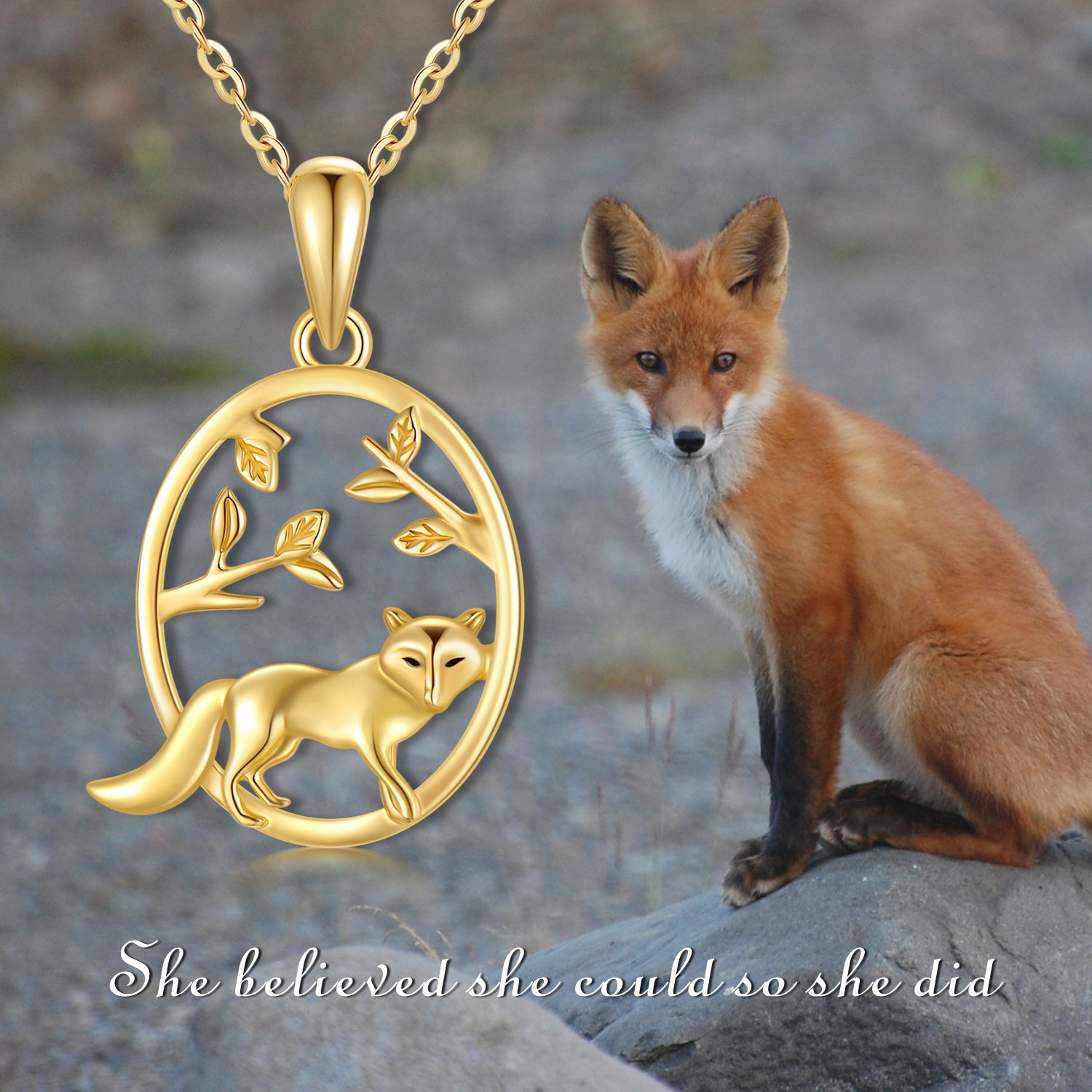 14K Gold Fox & Leaves Pendant Necklace