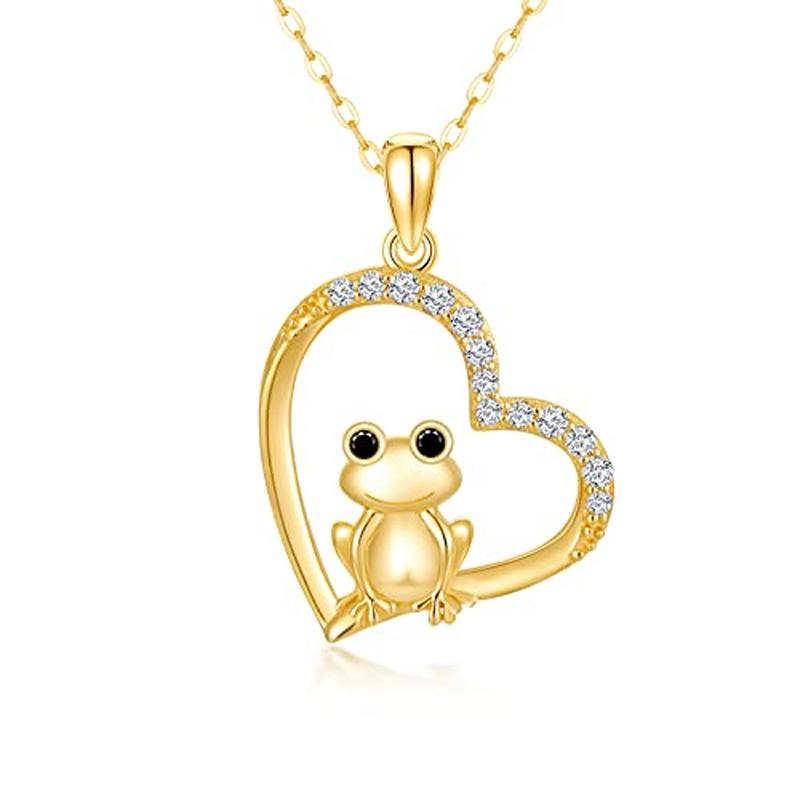 14K Gold Cubic Zirconia Frog & Heart Pendant Necklace