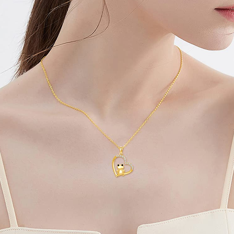 14K Gold Cubic Zirconia Frog & Heart Pendant Necklace
