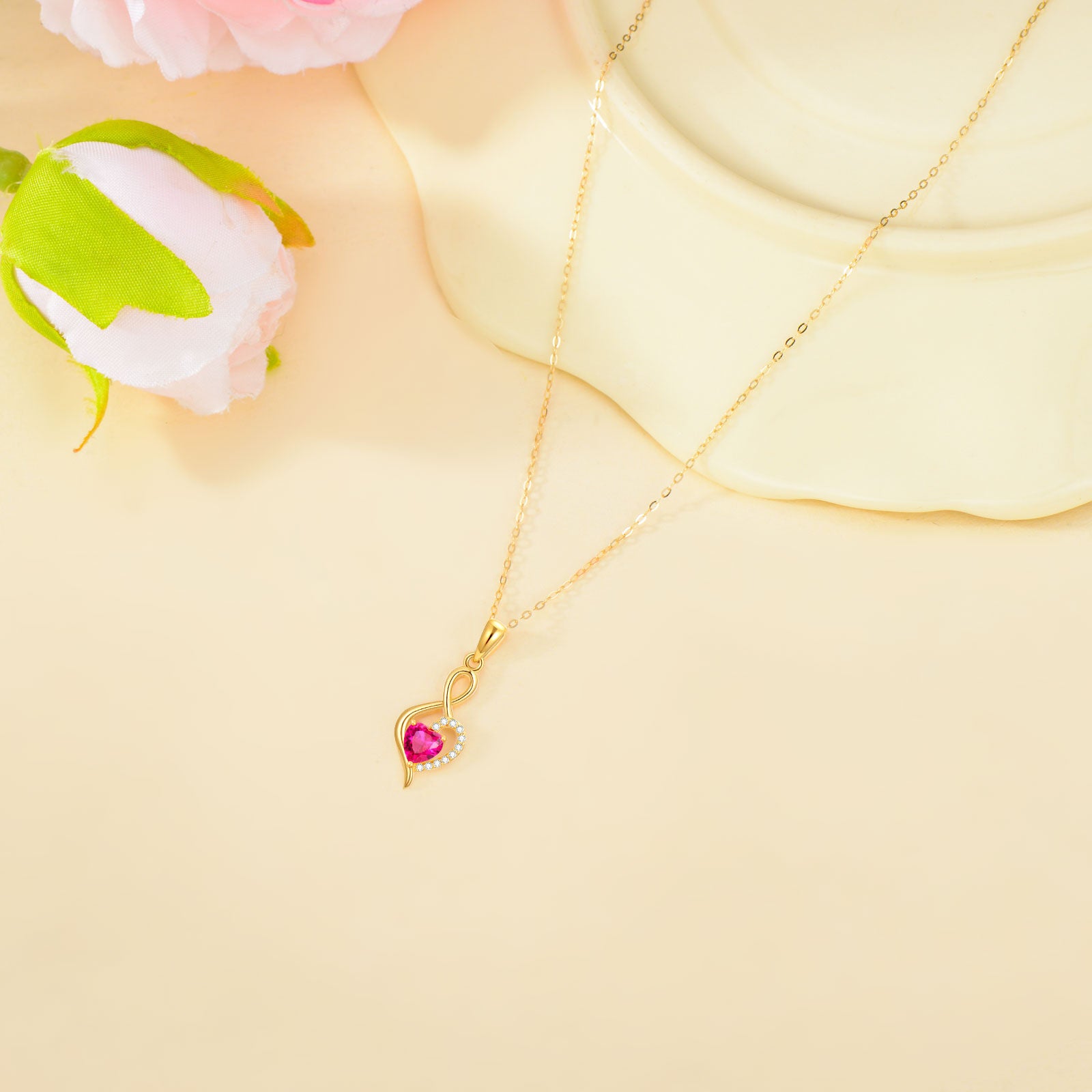 14K Gold Garnet Personalized Birthstone Heart Infinity Symbol Necklace for Women