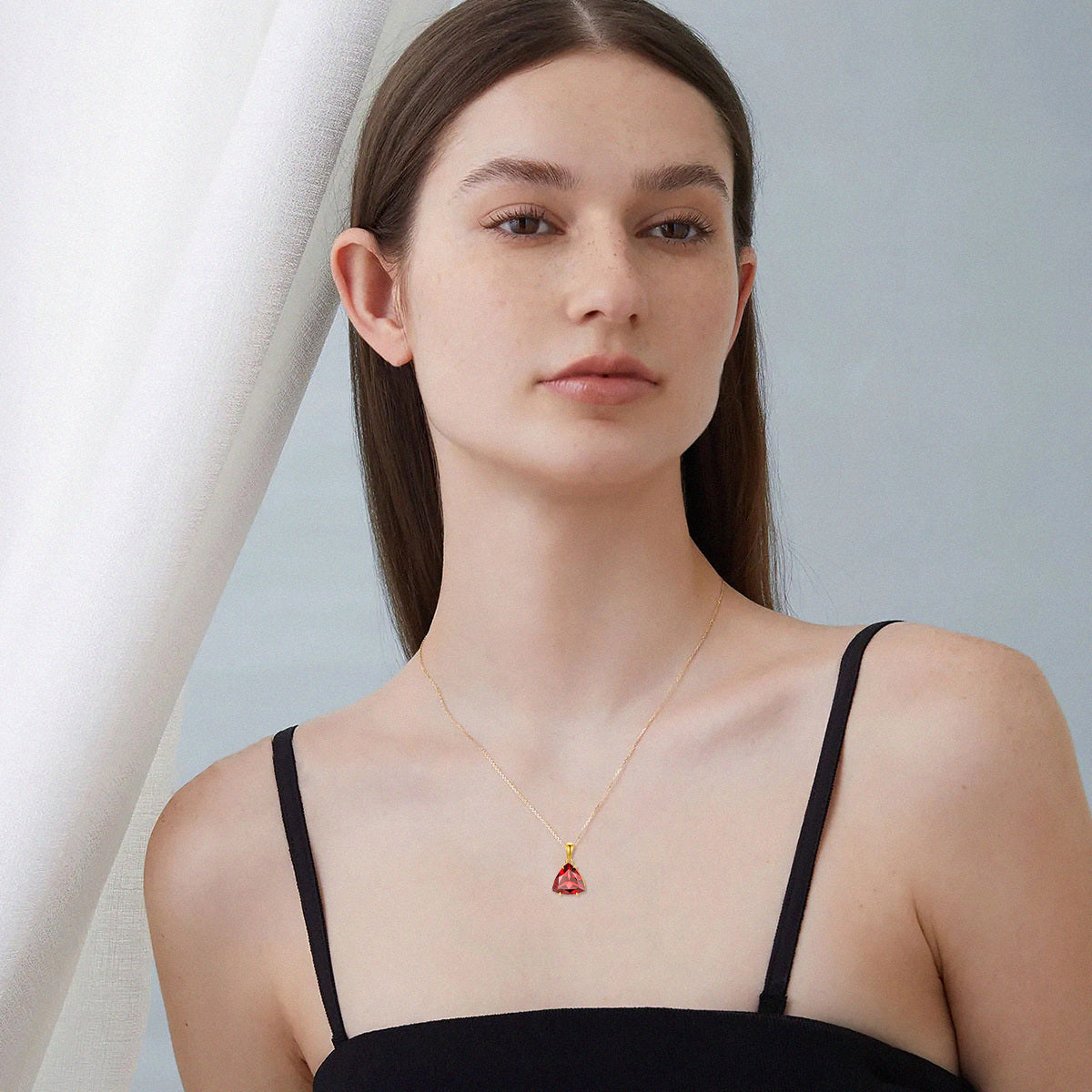 14K Gold Garnet Triangle Pendant Necklace