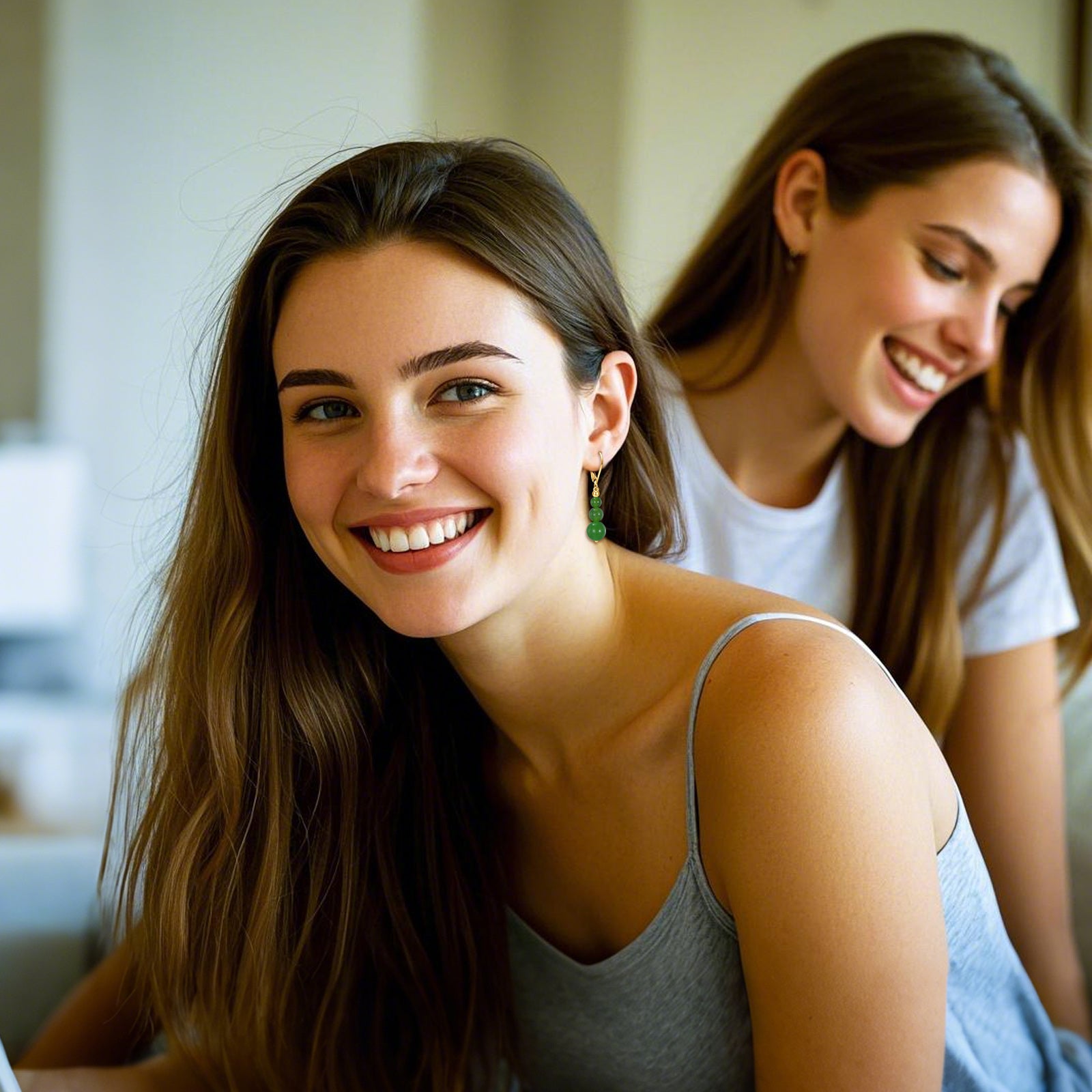 14K Gold Green Jade Drop Earrings
