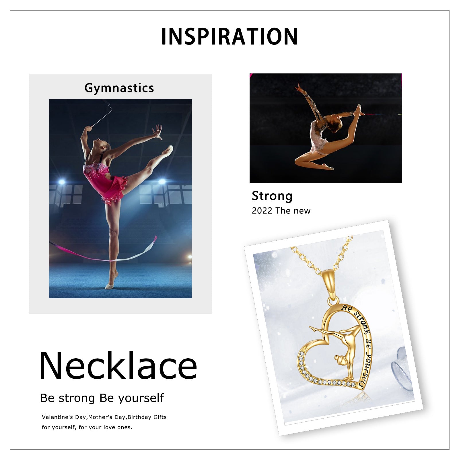 14K Gold Cubic Zirconia Gymnast & Heart Pendant Necklace with Engraved Word