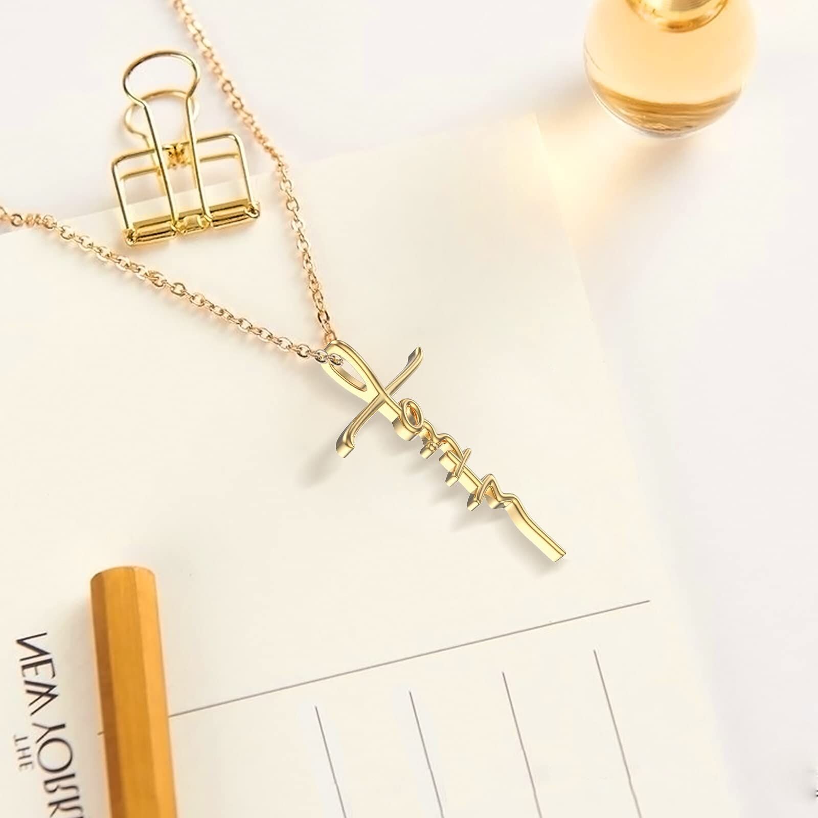 14K Gold Handwriting Faith Cross Pendant Necklace