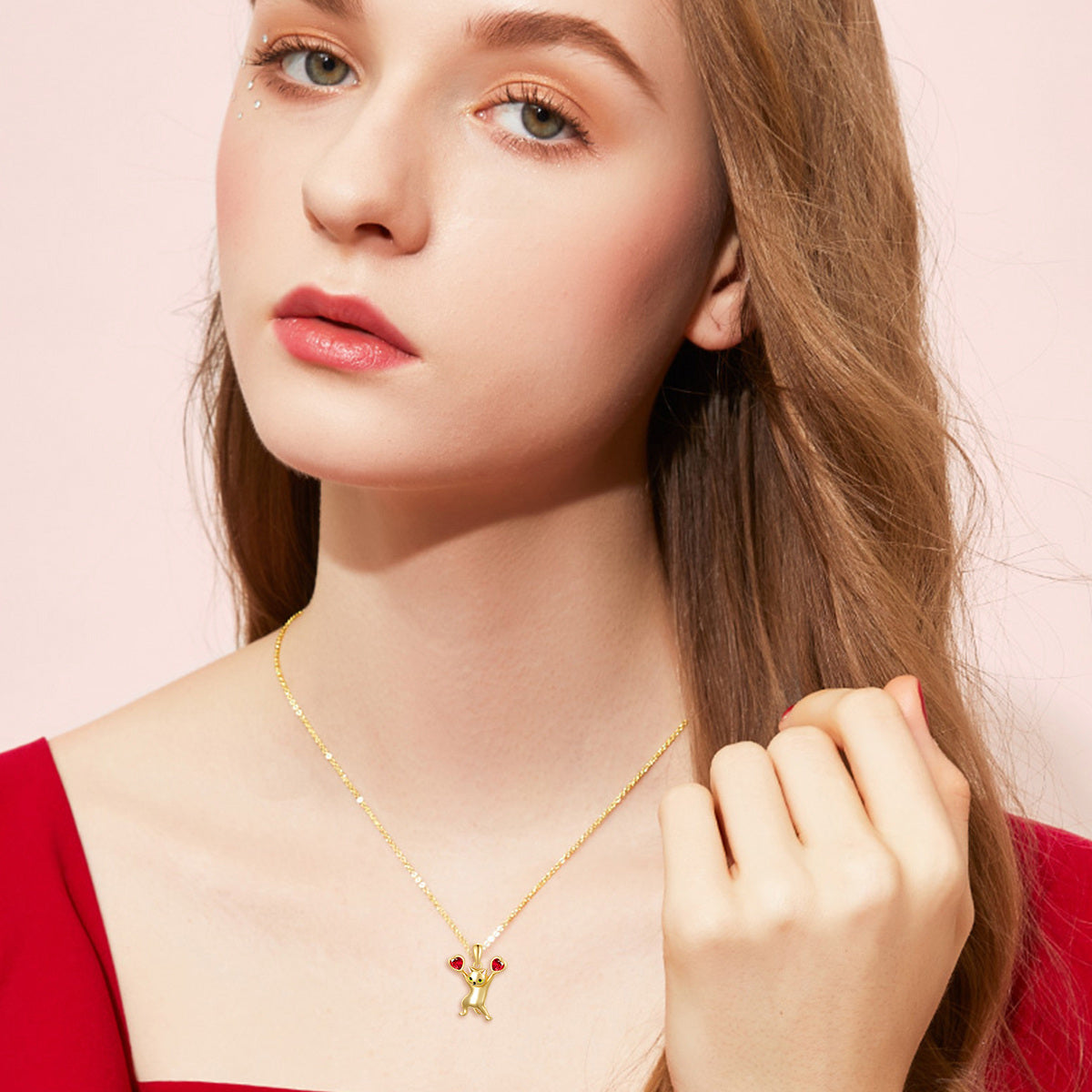 14K Gold Heart Cubic Zirconia Cat Pendant Necklace