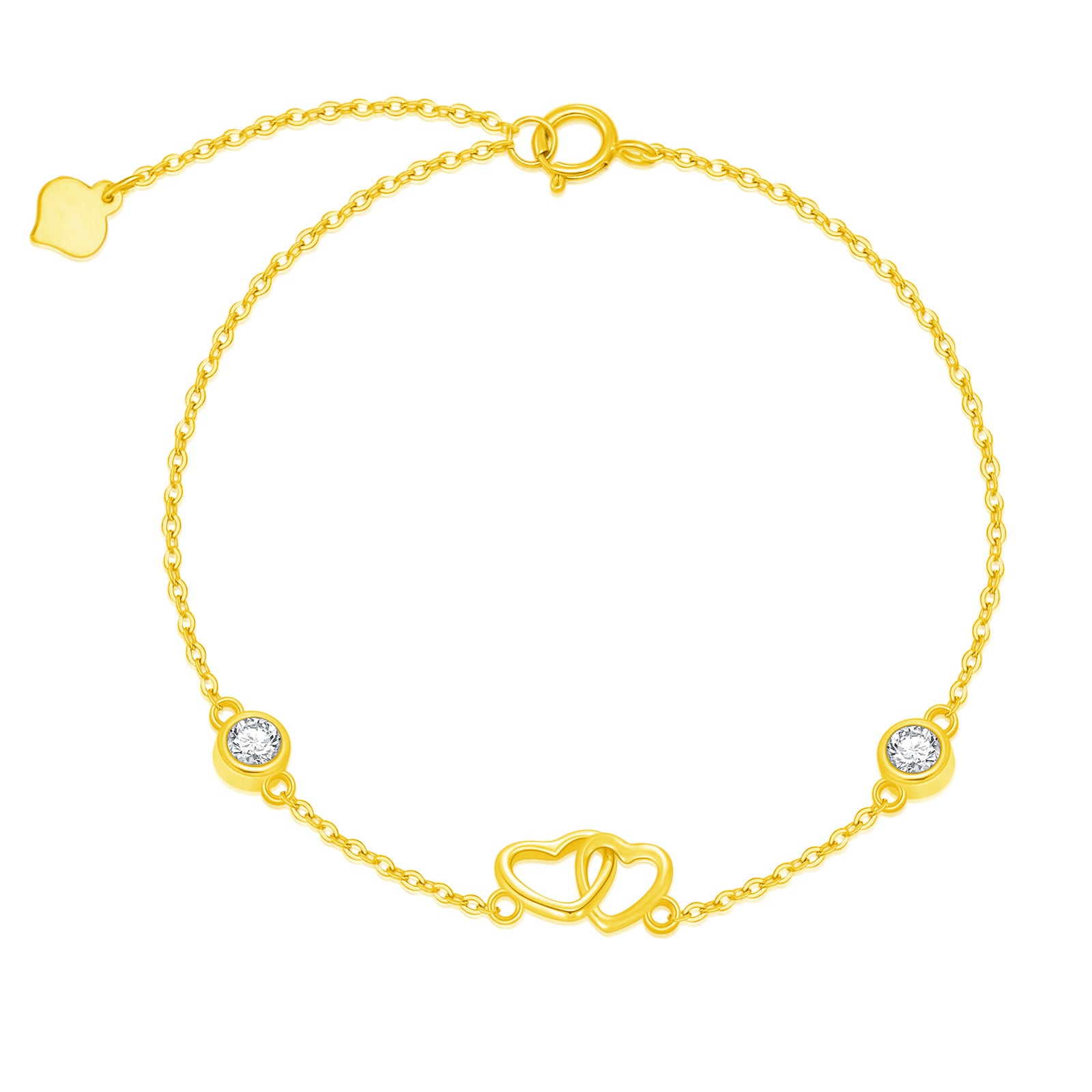 14K Gold Cubic Zirconia Heart With Heart Charm Bracelet