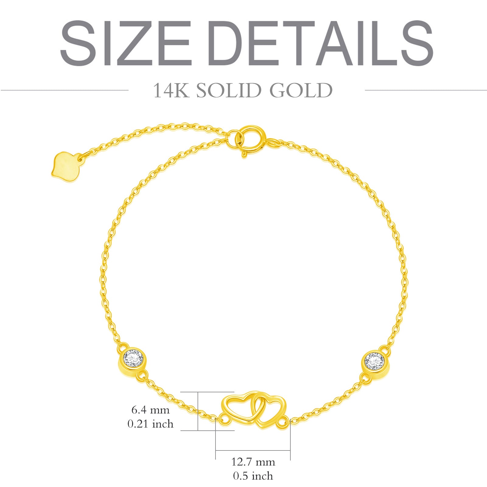 14K Gold Cubic Zirconia Heart With Heart Charm Bracelet