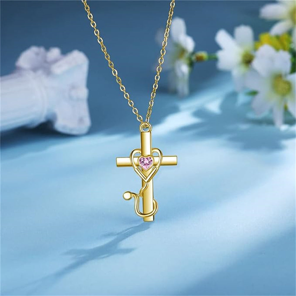 14K Gold Heart Cubic Zirconia Cross & Stethoscope Pendant Necklace