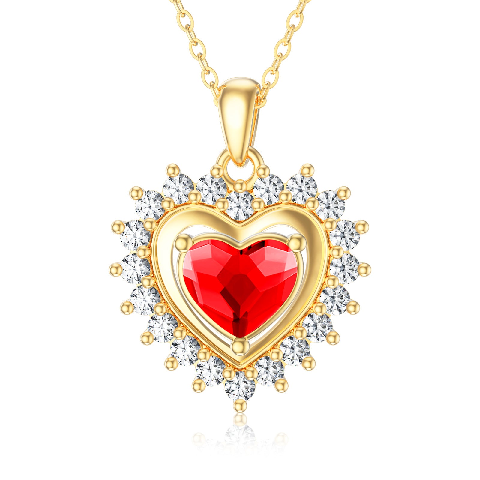 14K Solid Gold Red Crystal Halo Heart Pendant Necklace For Women