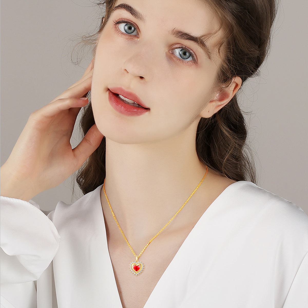14K Solid Gold Red Crystal Halo Heart Pendant Necklace For Women