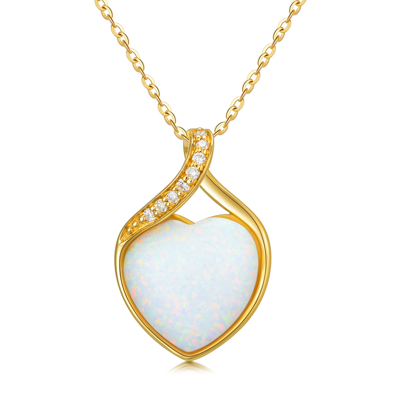 14K Gold Heart Diamond Opal Pendant Necklace For Women