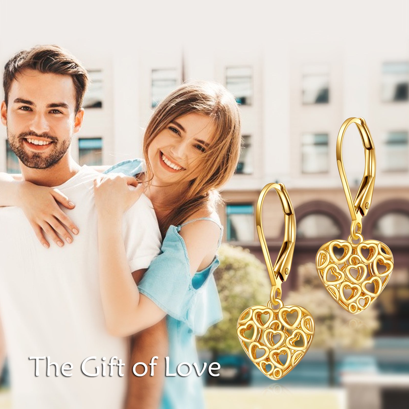 14K Gold Heart With Heart Drop Earrings
