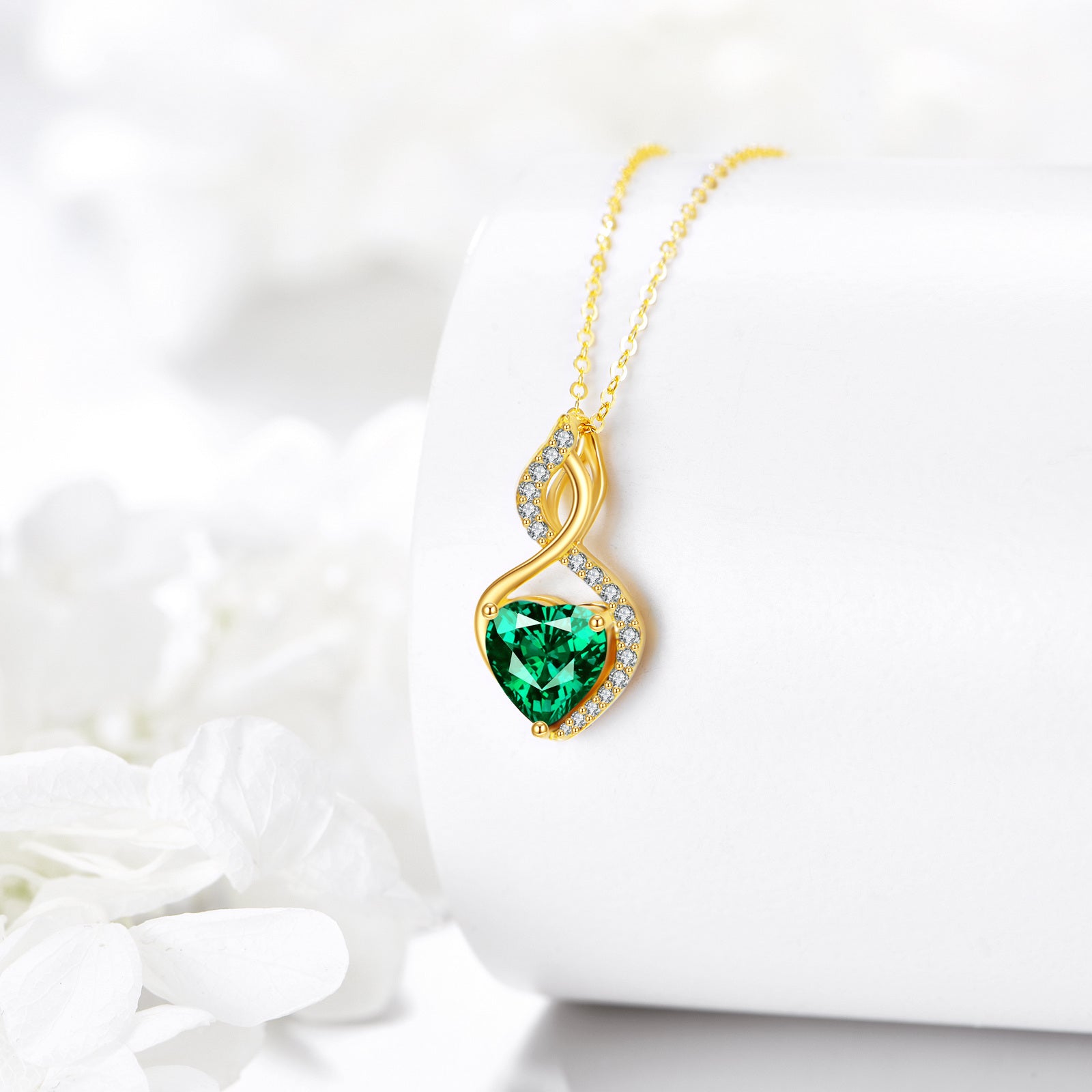 Sterling Silver with Gold Plated Heart Cut Lab Created Emerald Heart & Infinity Symbol Pendant Necklace