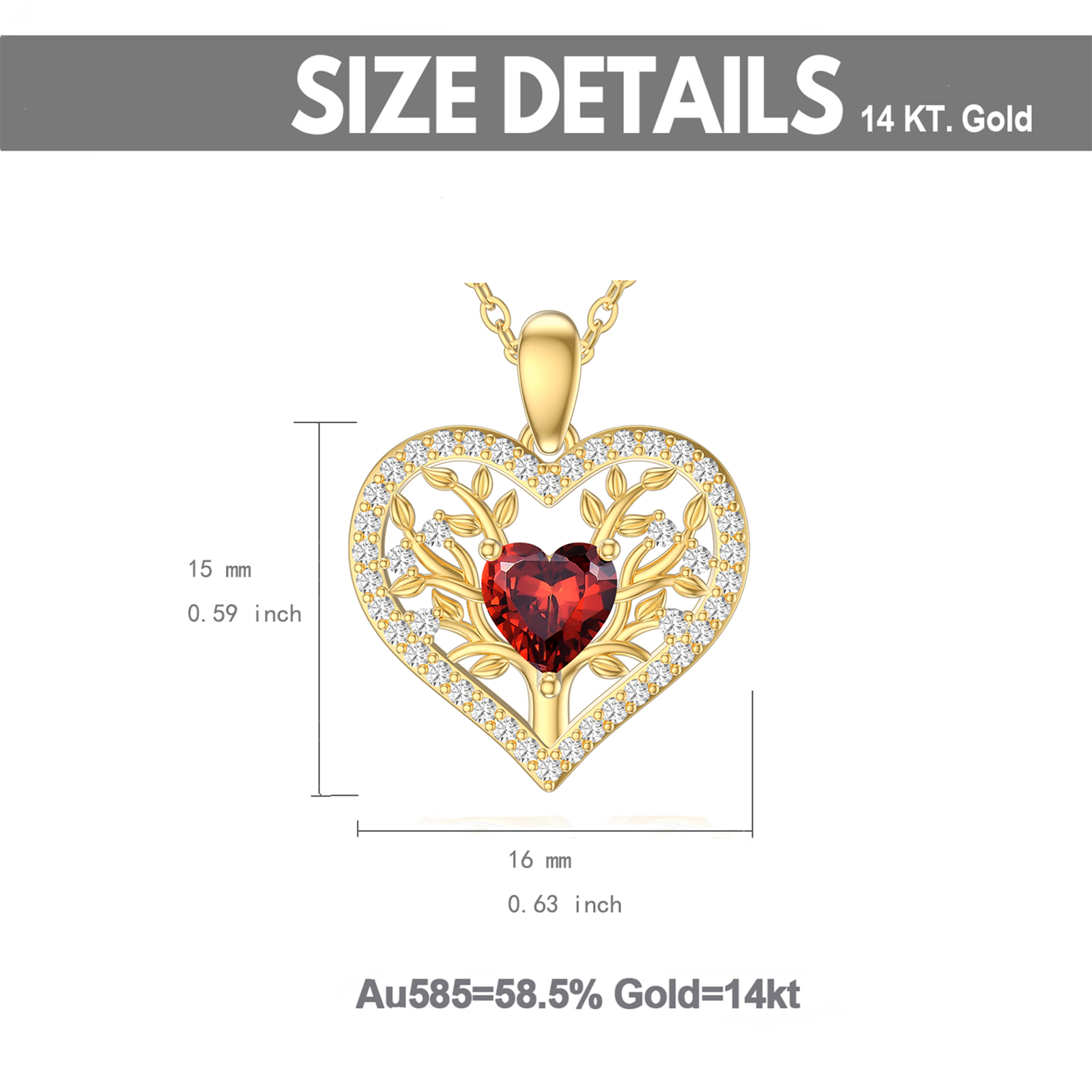 14K Yellow Gold Heart Garnet Heart Pendant Necklace For Women