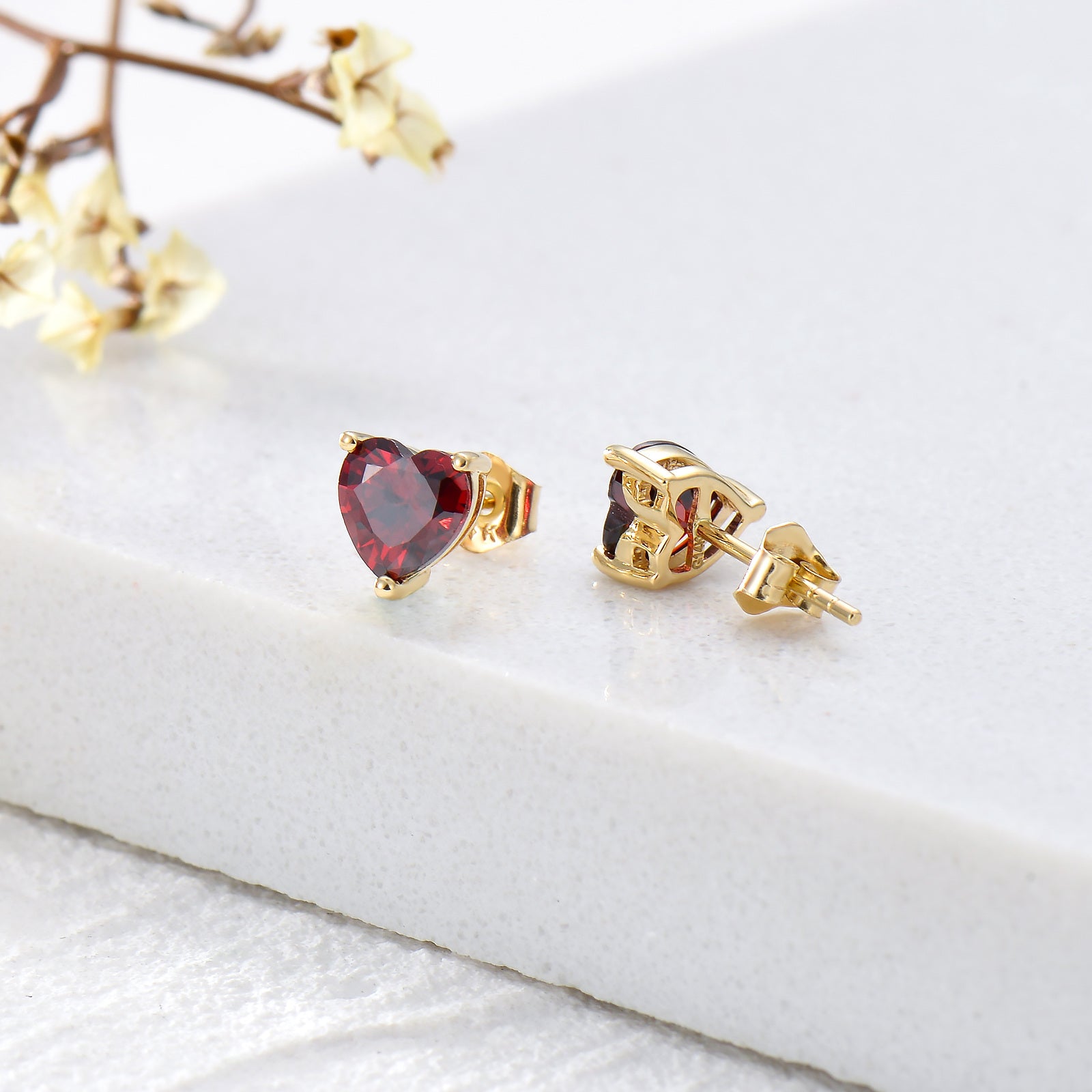 14K Gold Heart Garnet Stud Earrings For Women