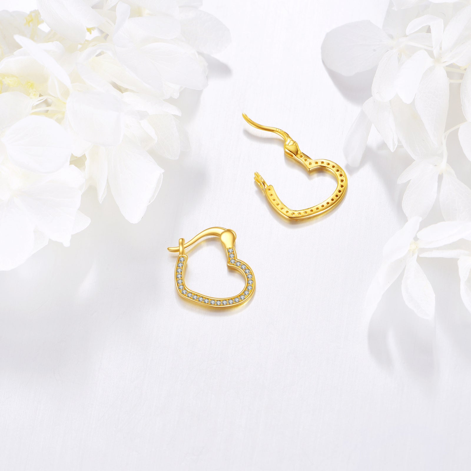 14K Gold Cubic Zirconia Heart Hoop Earrings
