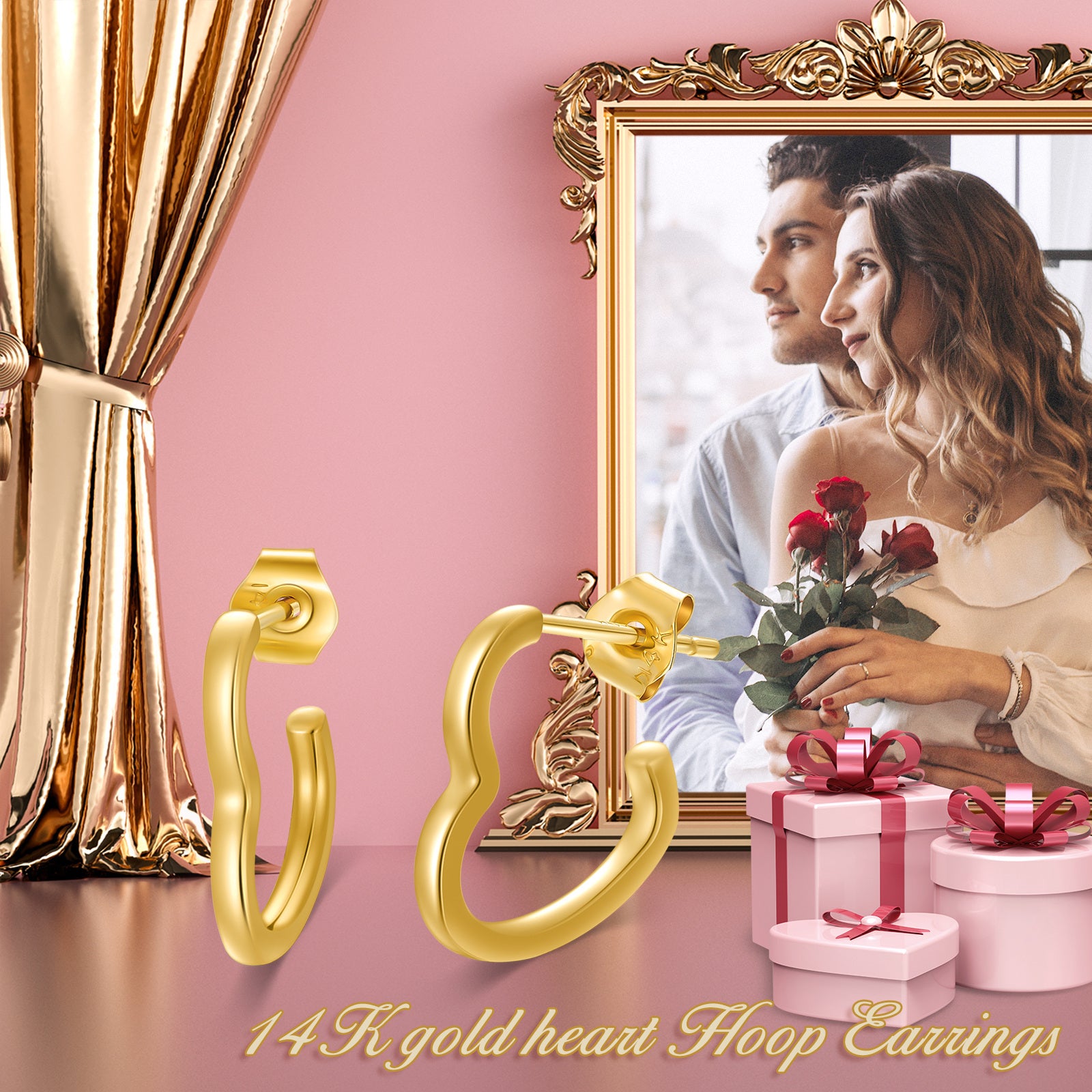 14K Yellow Gold Heart Hoop Earrings For Women