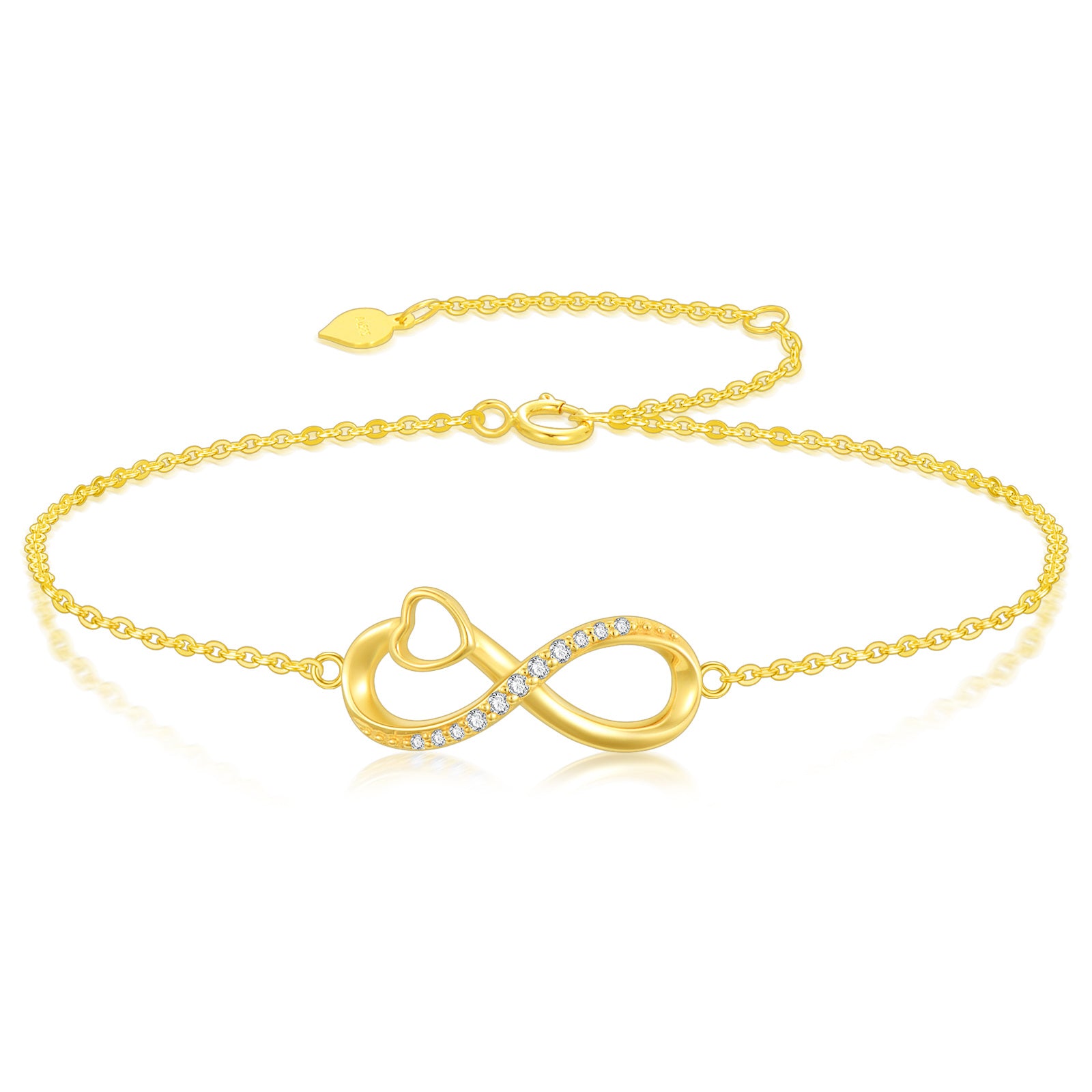 14K Gold Cubic Zirconia Heart & Infinity Symbol Charm Bracelet
