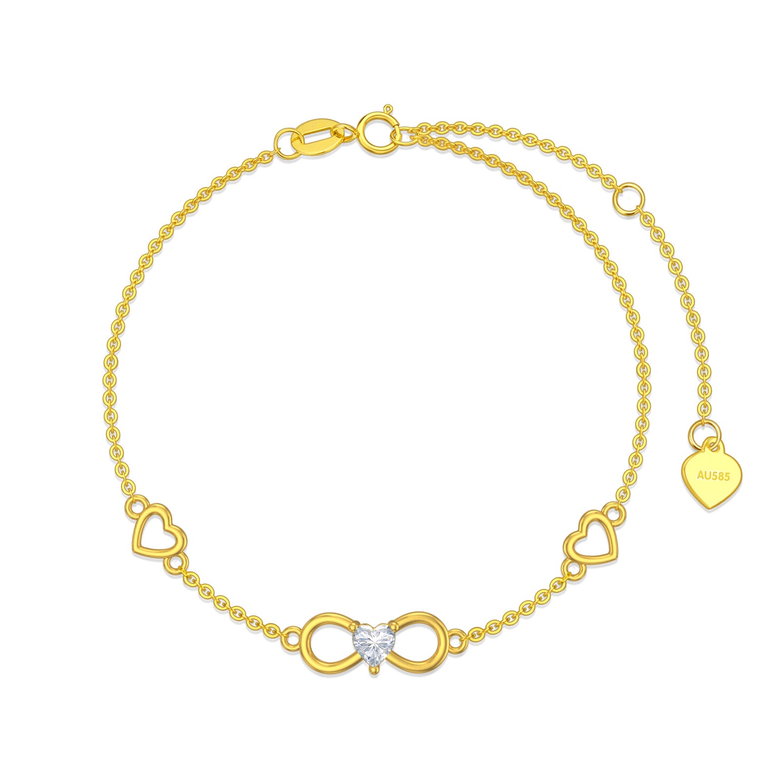 14K Gold Cubic Zirconia Heart & Infinity Symbol Charm Bracelet