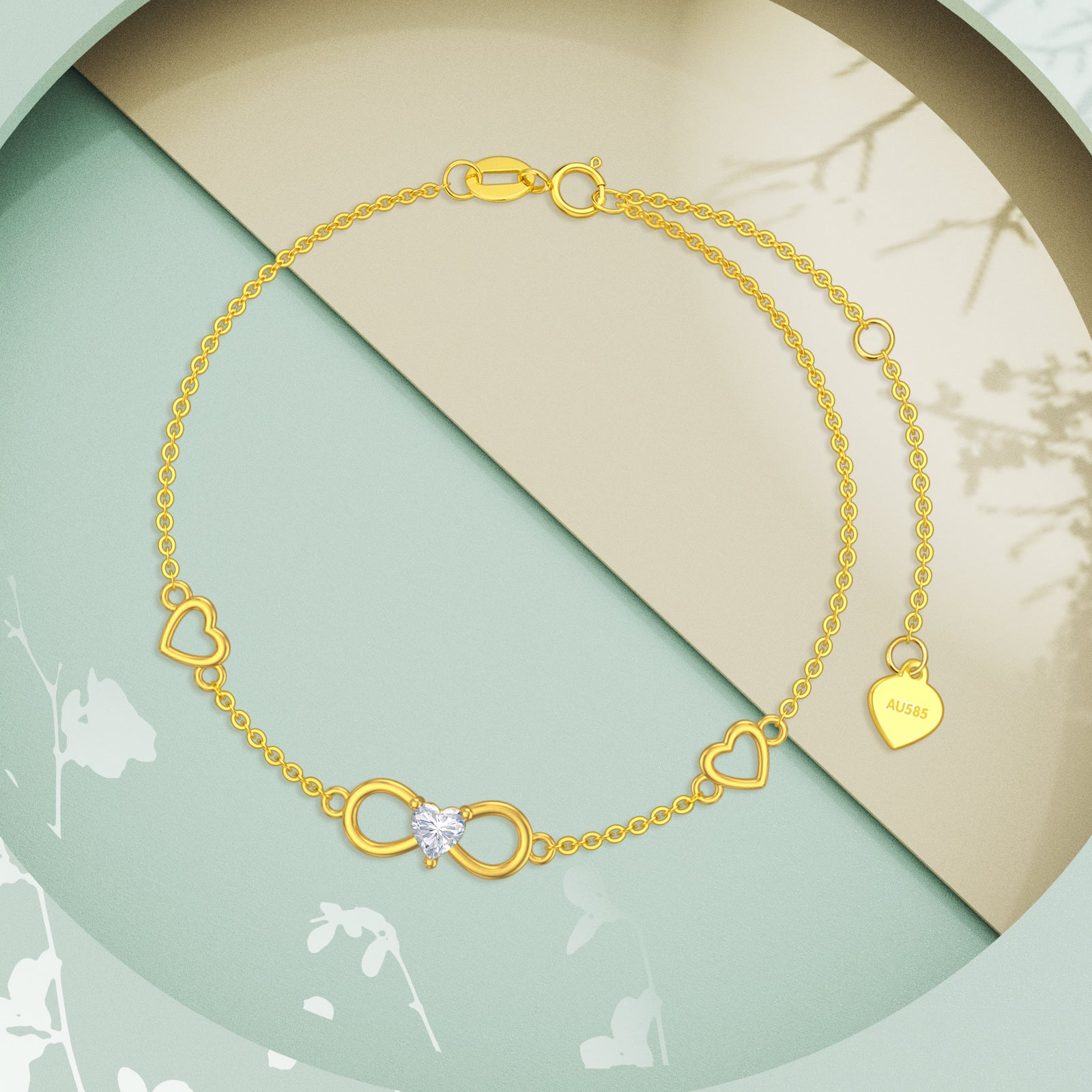 14K Gold Cubic Zirconia Heart & Infinity Symbol Charm Bracelet