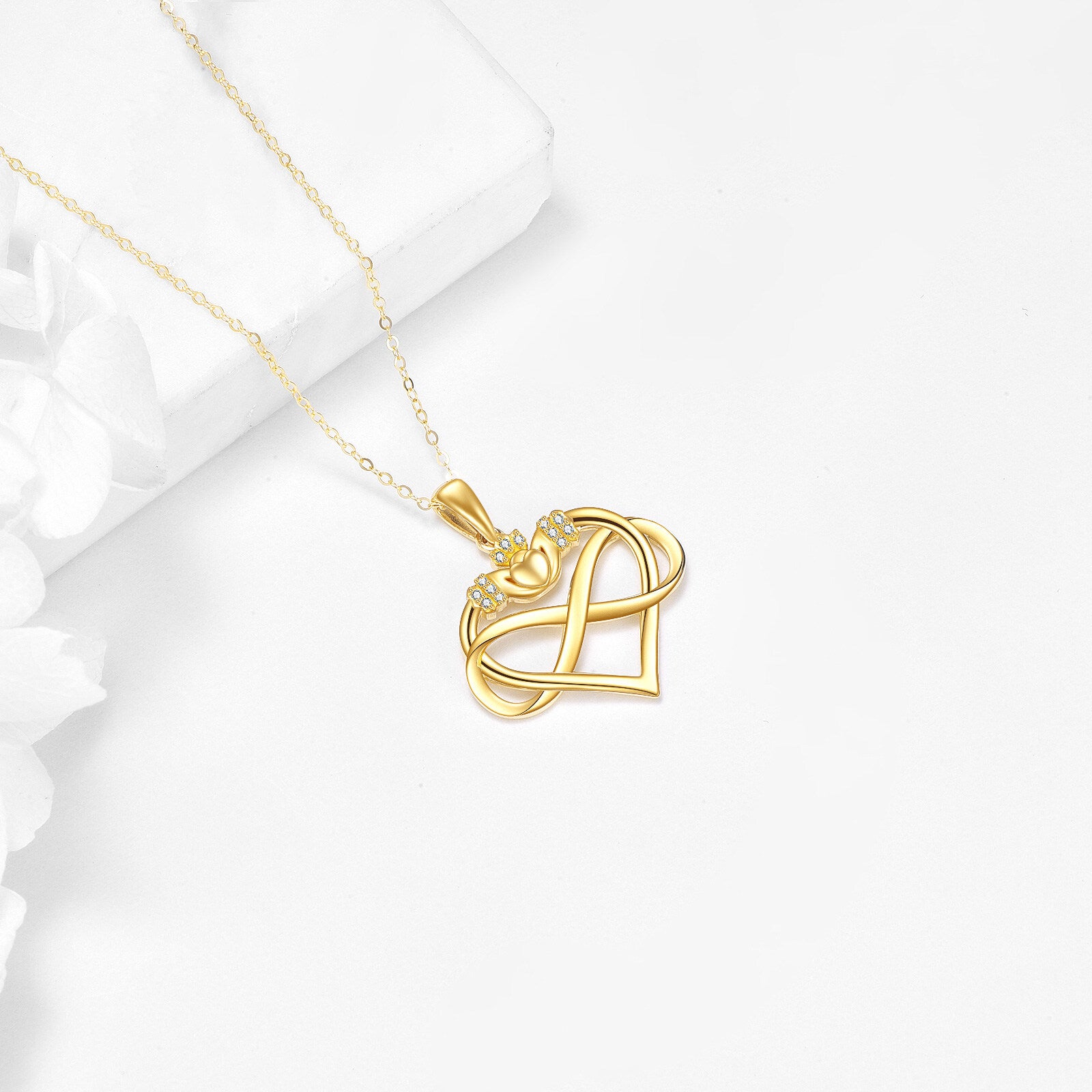 14K Gold Cubic Zirconia Heart & Infinity Symbol Pendant Necklace