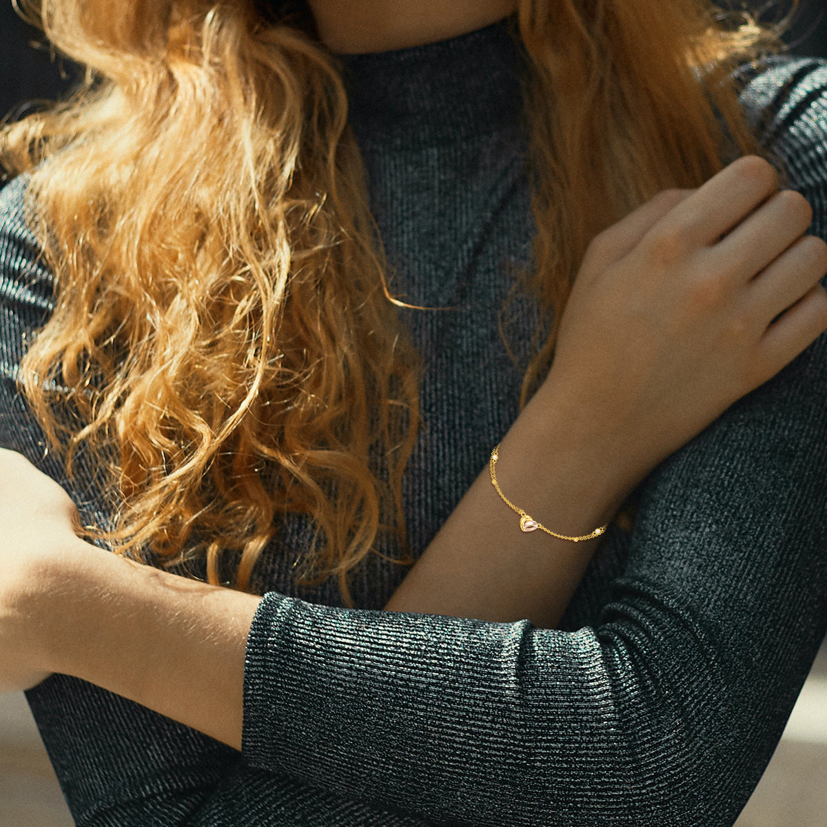 14K Gold Cubic Zirconia Heart Layerered Bracelet