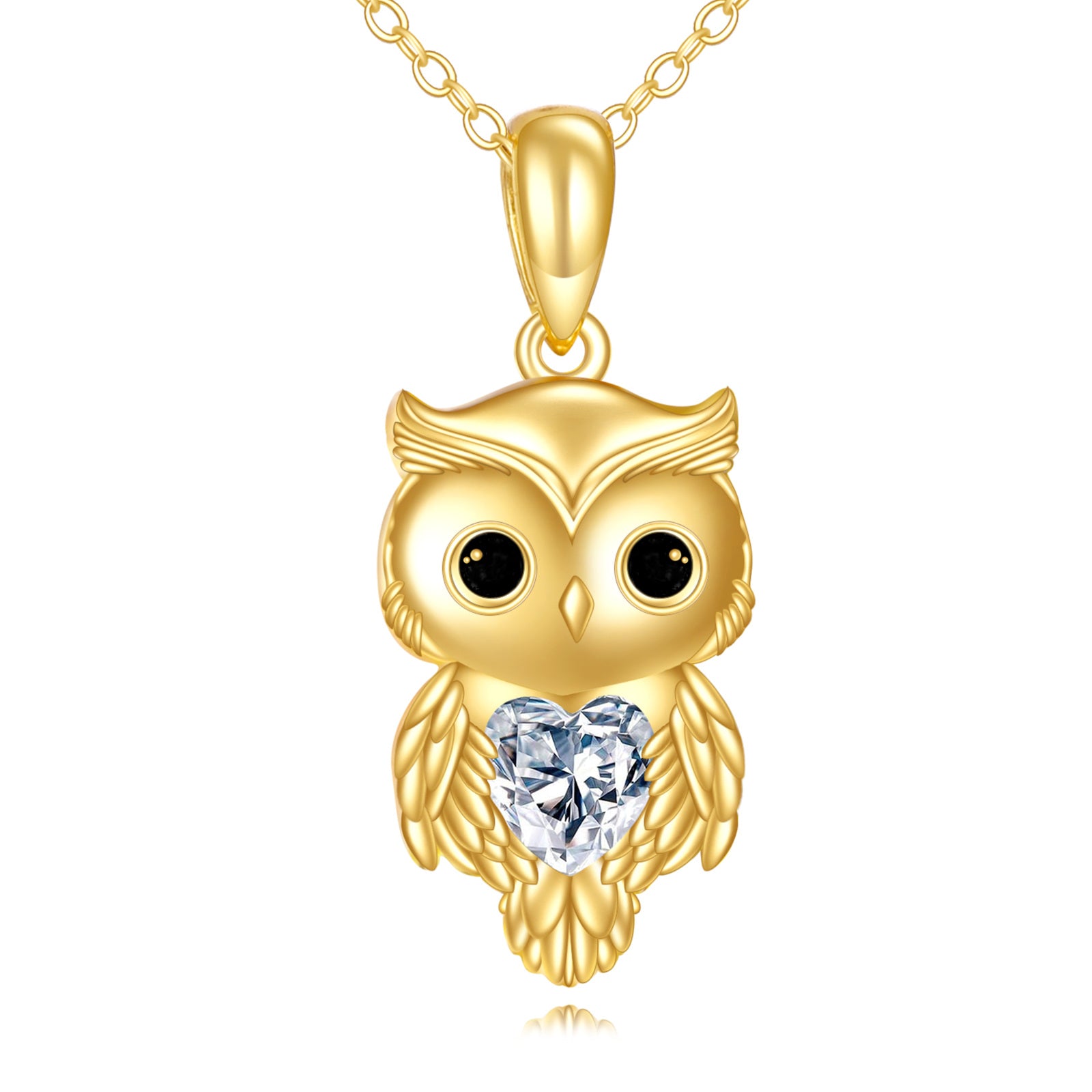 14K Gold Heart Moissanite Owl Pendant Necklace