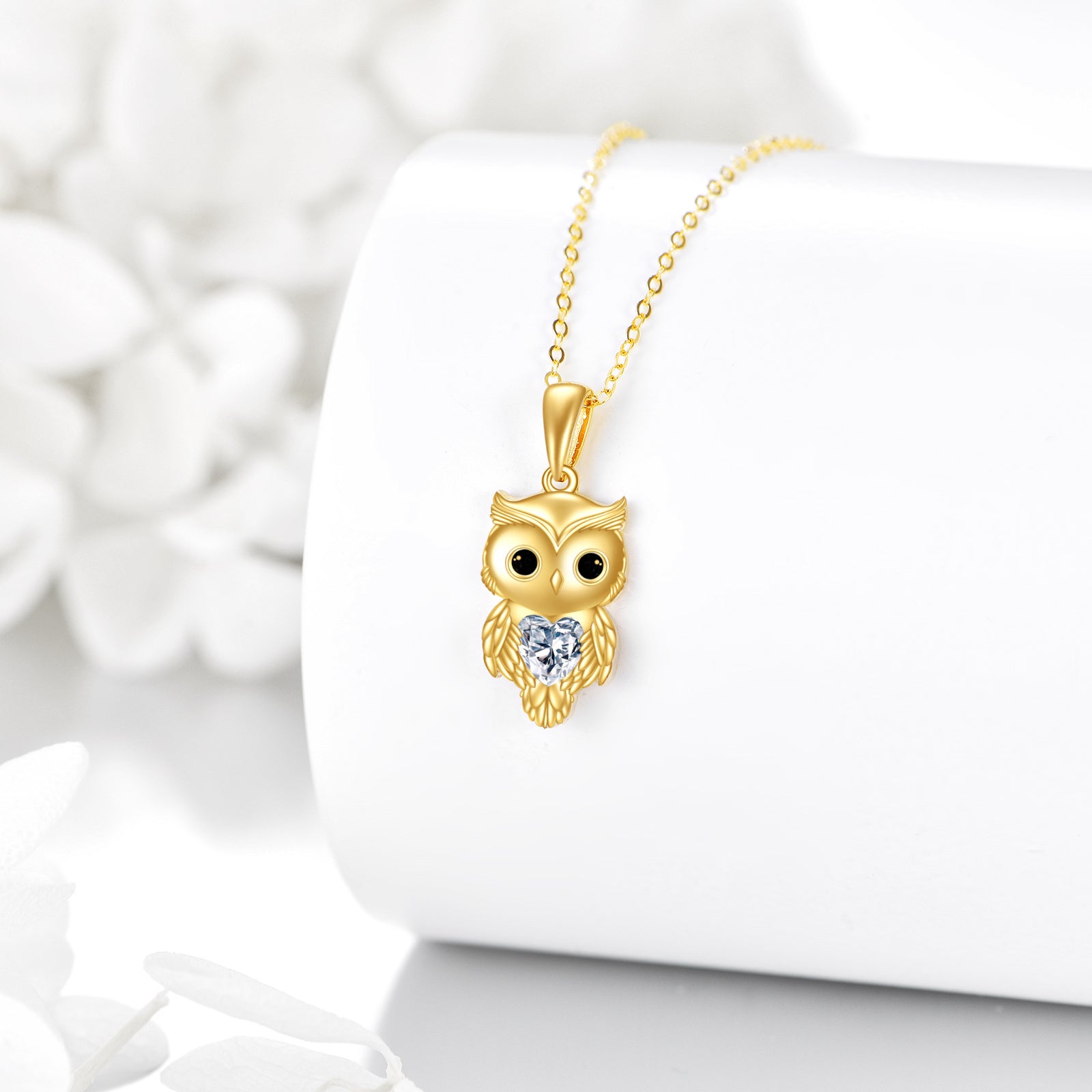 14K Gold Heart Moissanite Owl Pendant Necklace