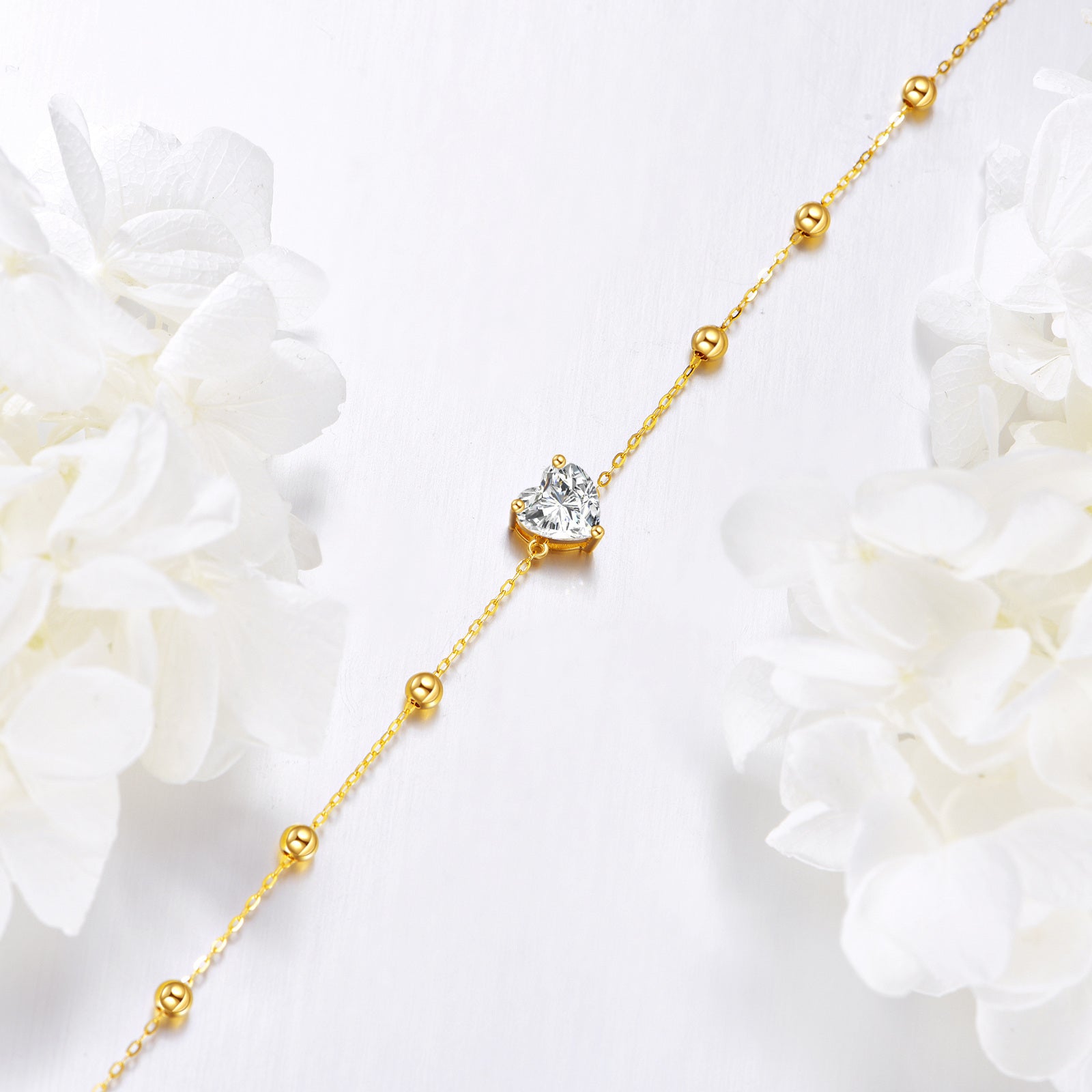 14K Gold Heart Moissanite Charm Bracelet