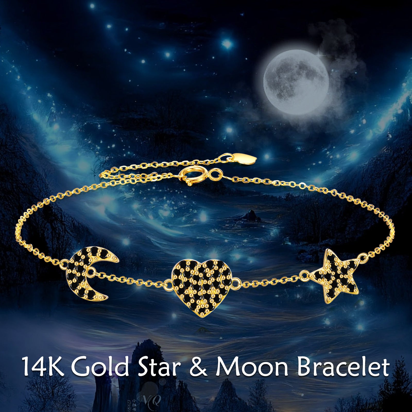 14K Gold Cubic Zirconia Heart & Moon & Star Charm Bracelet