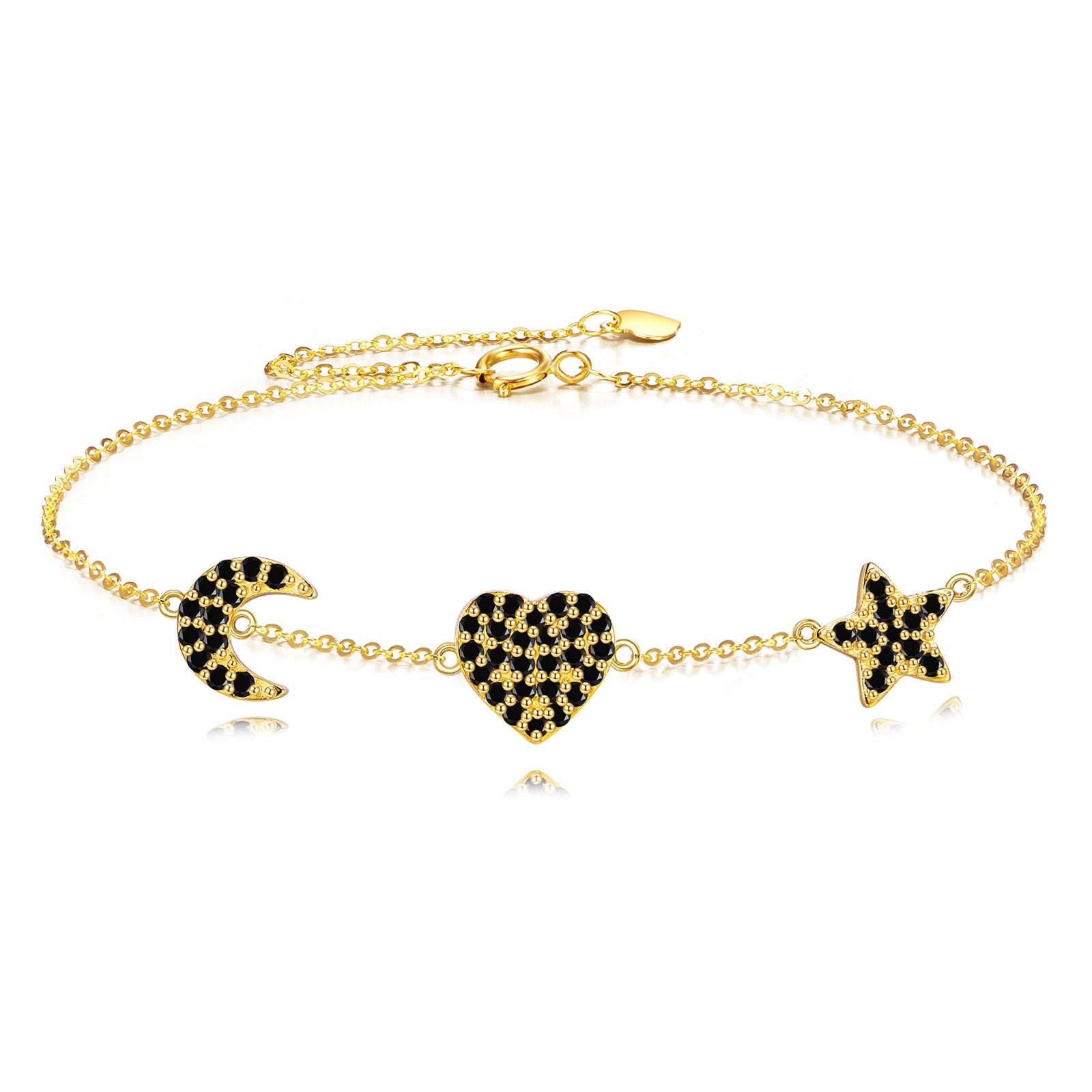 14K Gold Cubic Zirconia Heart & Moon & Star Charm Bracelet