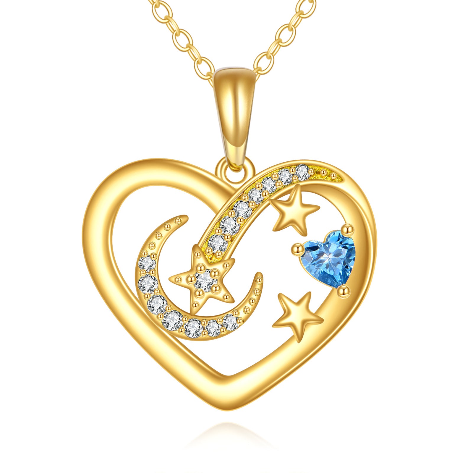14K Gold Cubic Zirconia Heart & Moon & Star Pendant Necklace