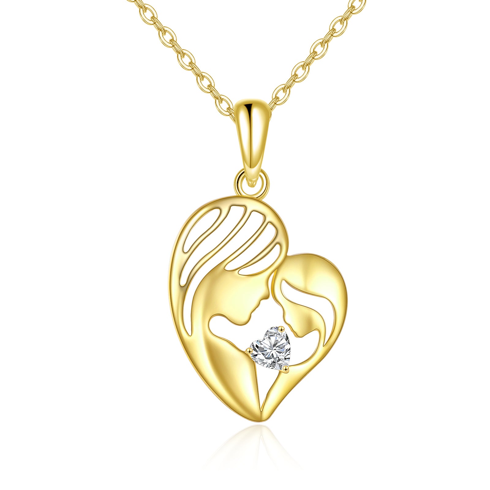 14K Gold Heart Cubic Zirconia Mother & Daughter Pendant Necklace